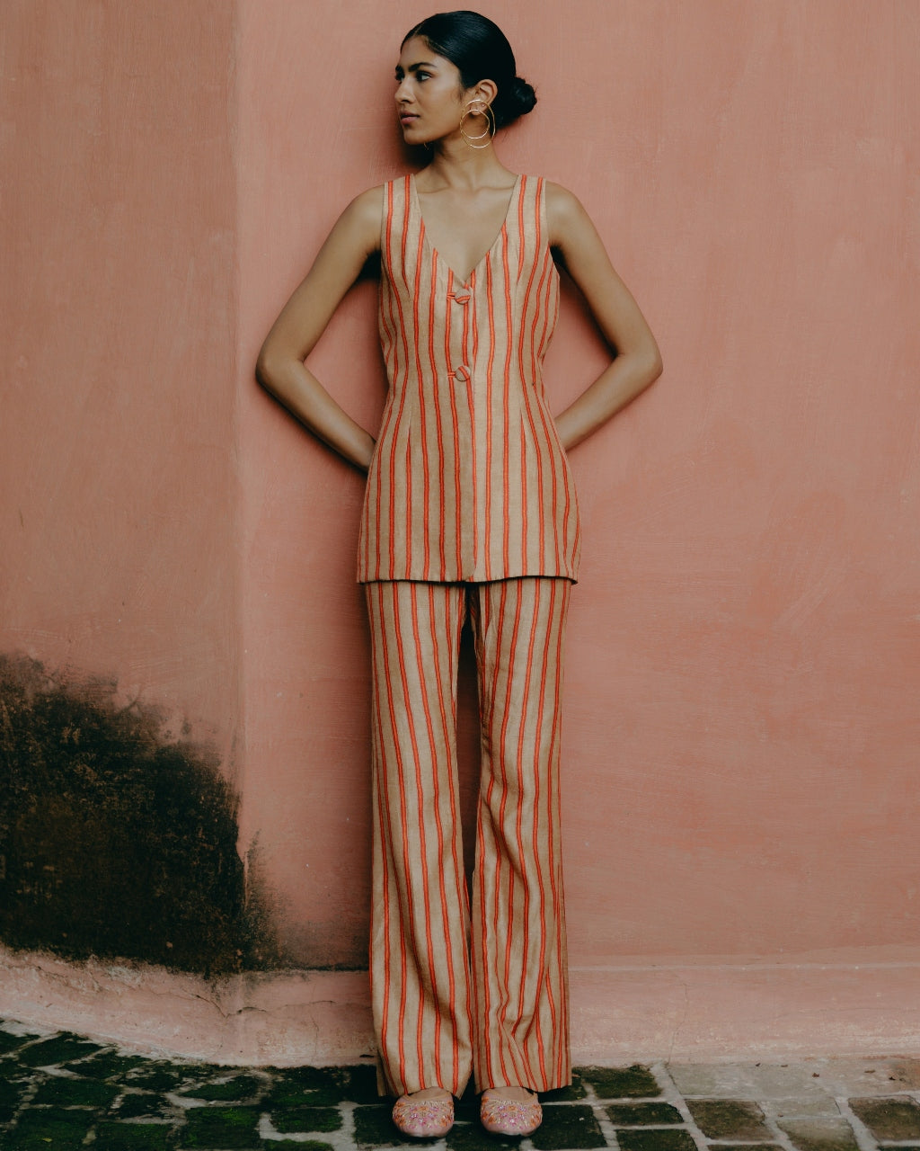 Beige Printed Pant Suit