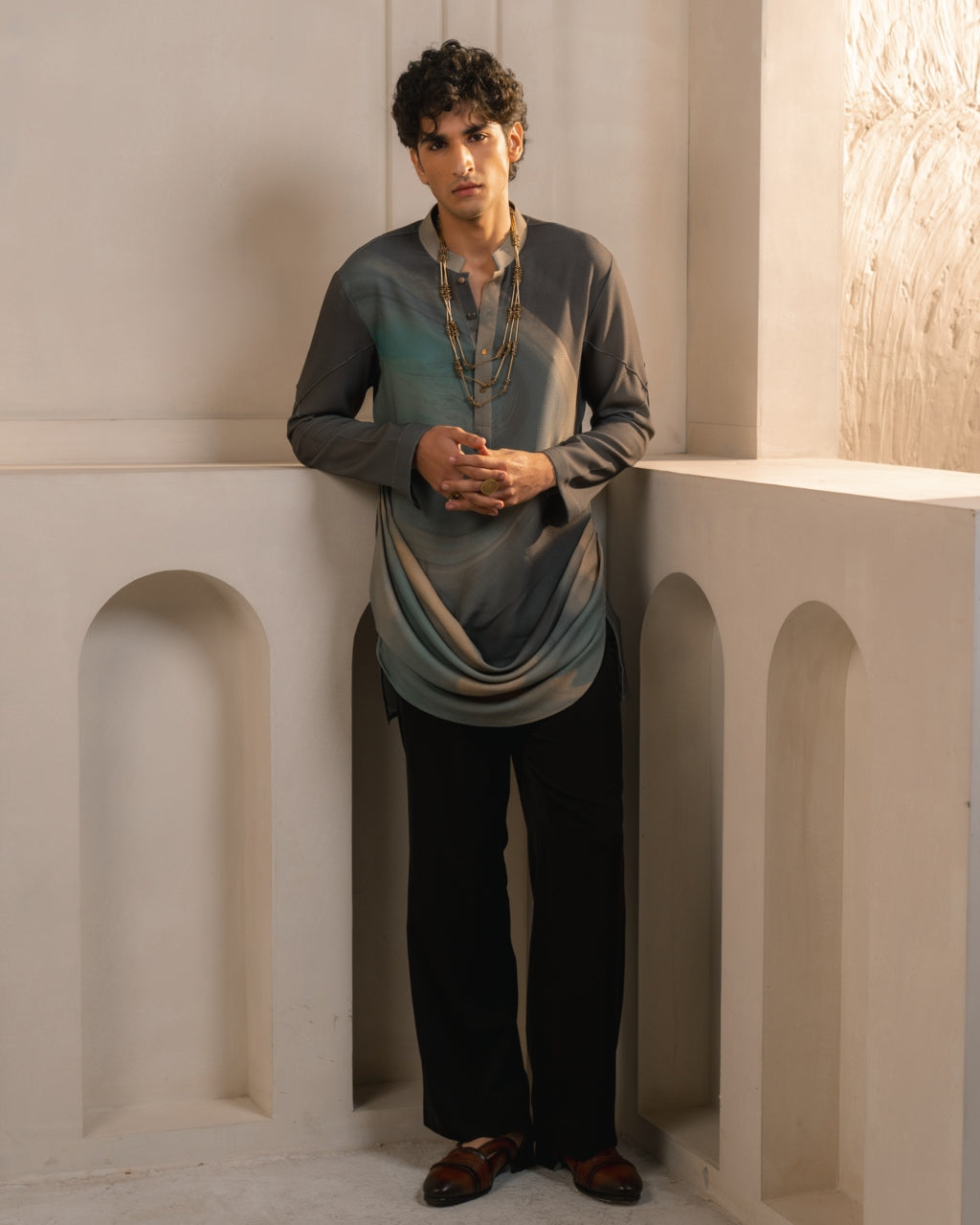 Grey Crepe Drape Kurta Set