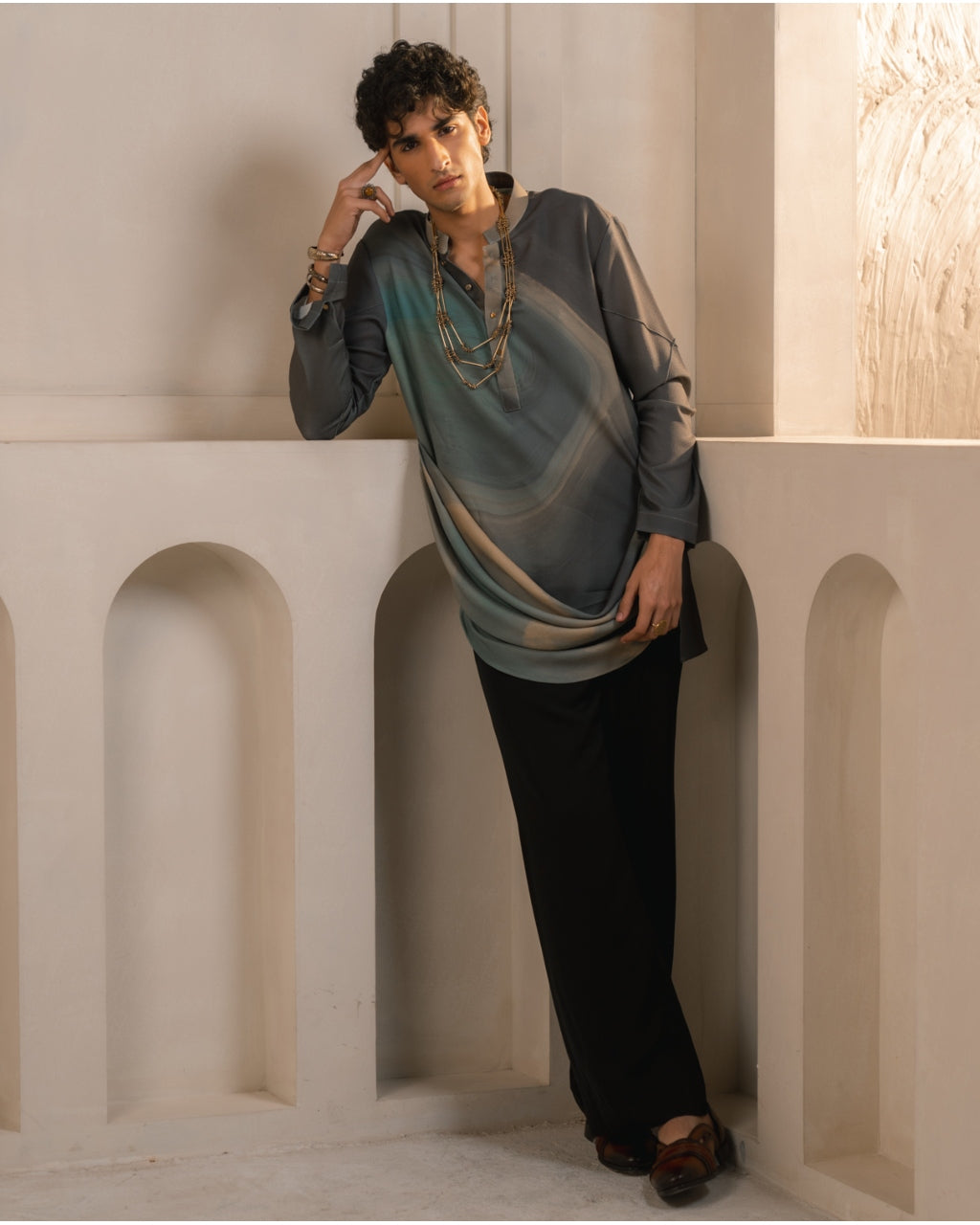 Grey Crepe Drape Kurta Set