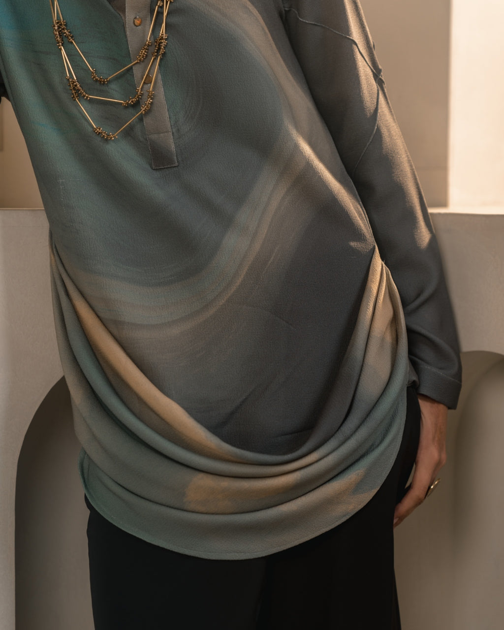 Grey Crepe Drape Kurta Set