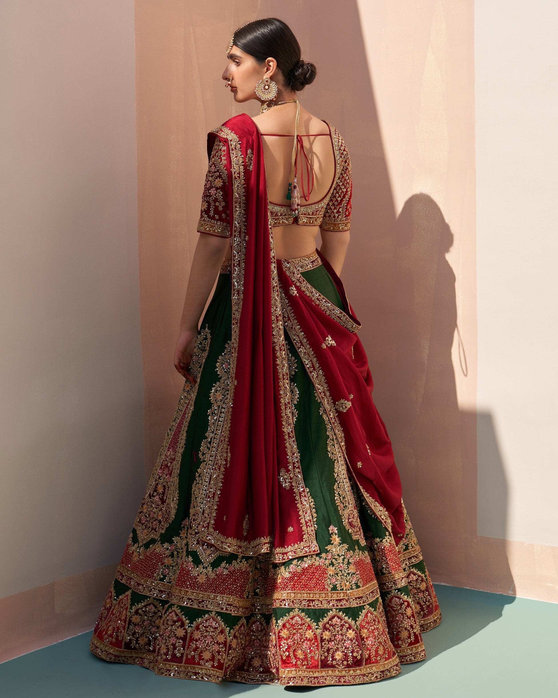 Charvi Bottle Green Double Dupatta Lehenga Set