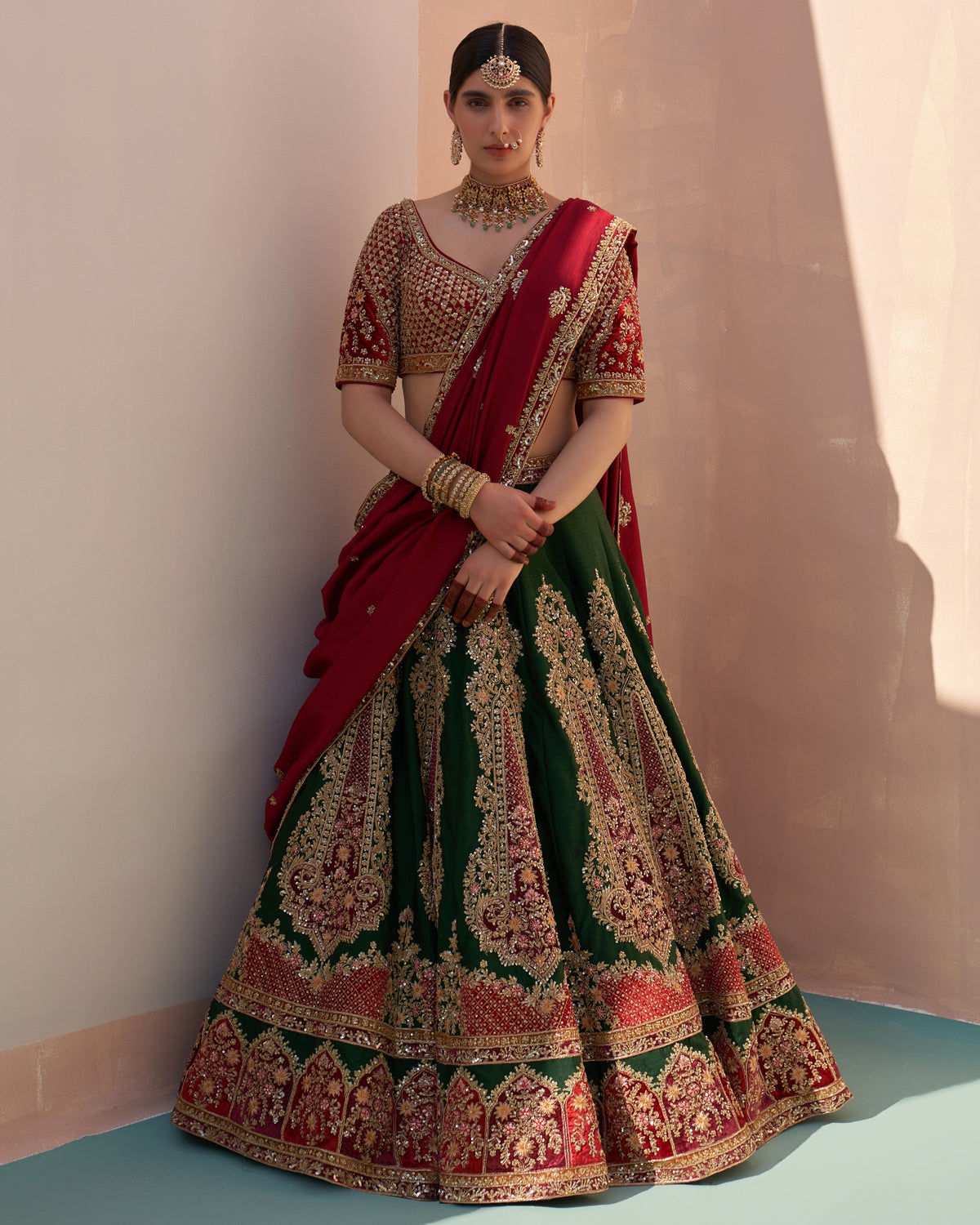 Charvi Bottle Green Double Dupatta Lehenga Set