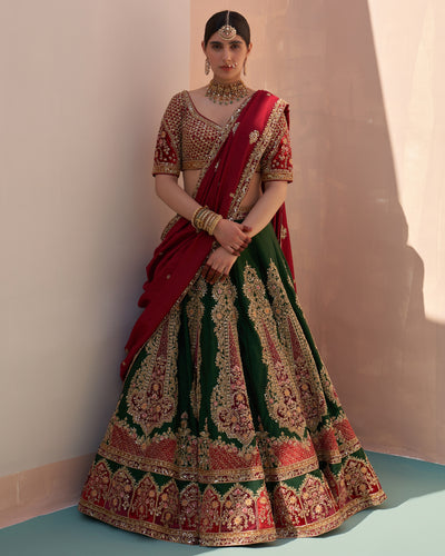 Charvi Bottle Green Double Dupatta Lehenga Set