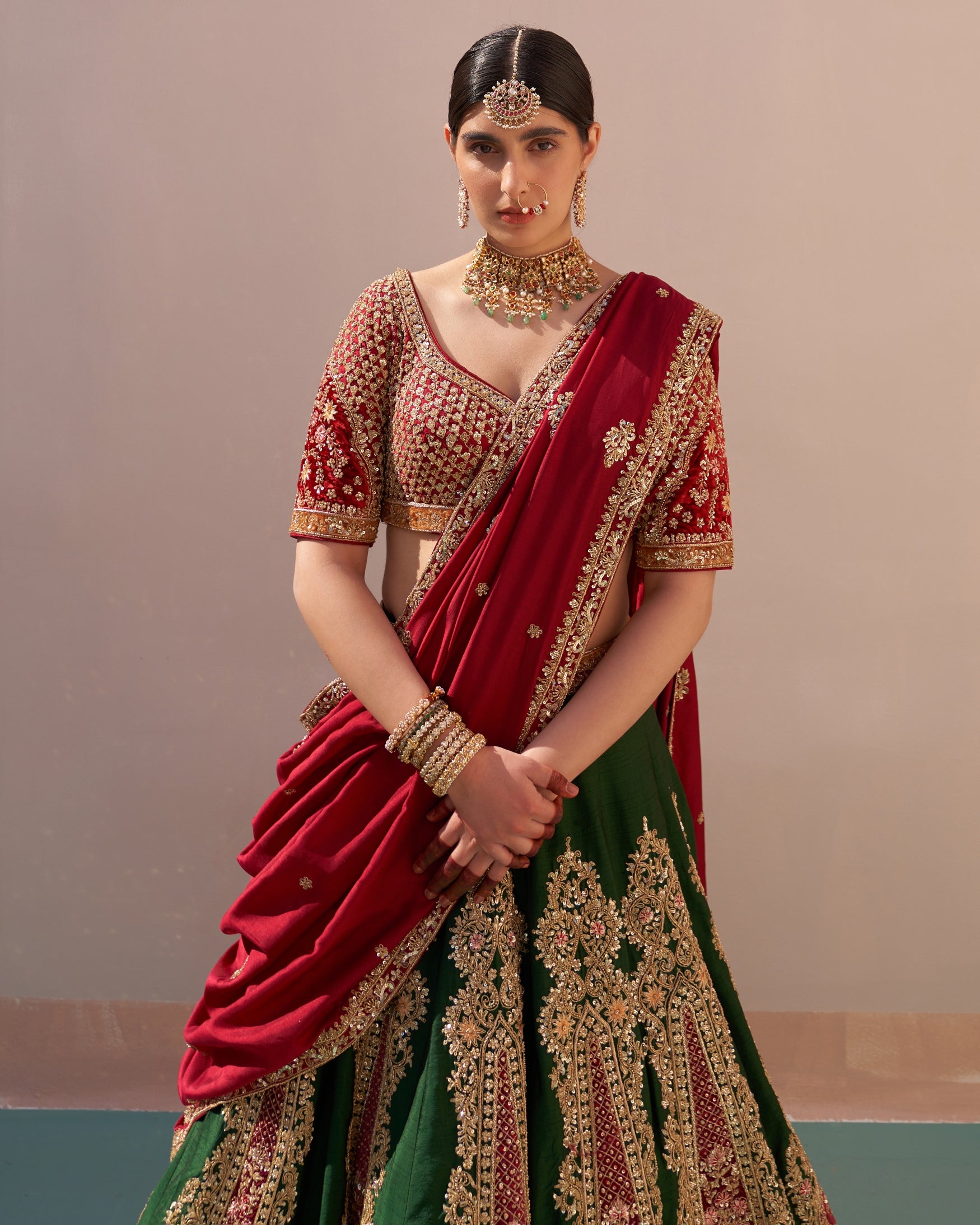 Charvi Bottle Green Double Dupatta Lehenga Set