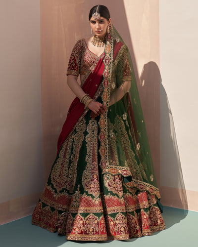 Charvi Bottle Green Double Dupatta Lehenga Set