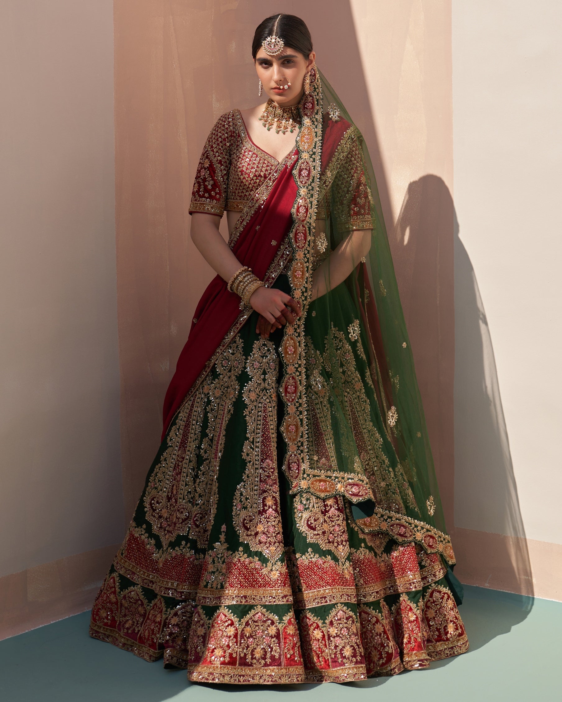 Charvi Bottle Green Double Dupatta Lehenga Set