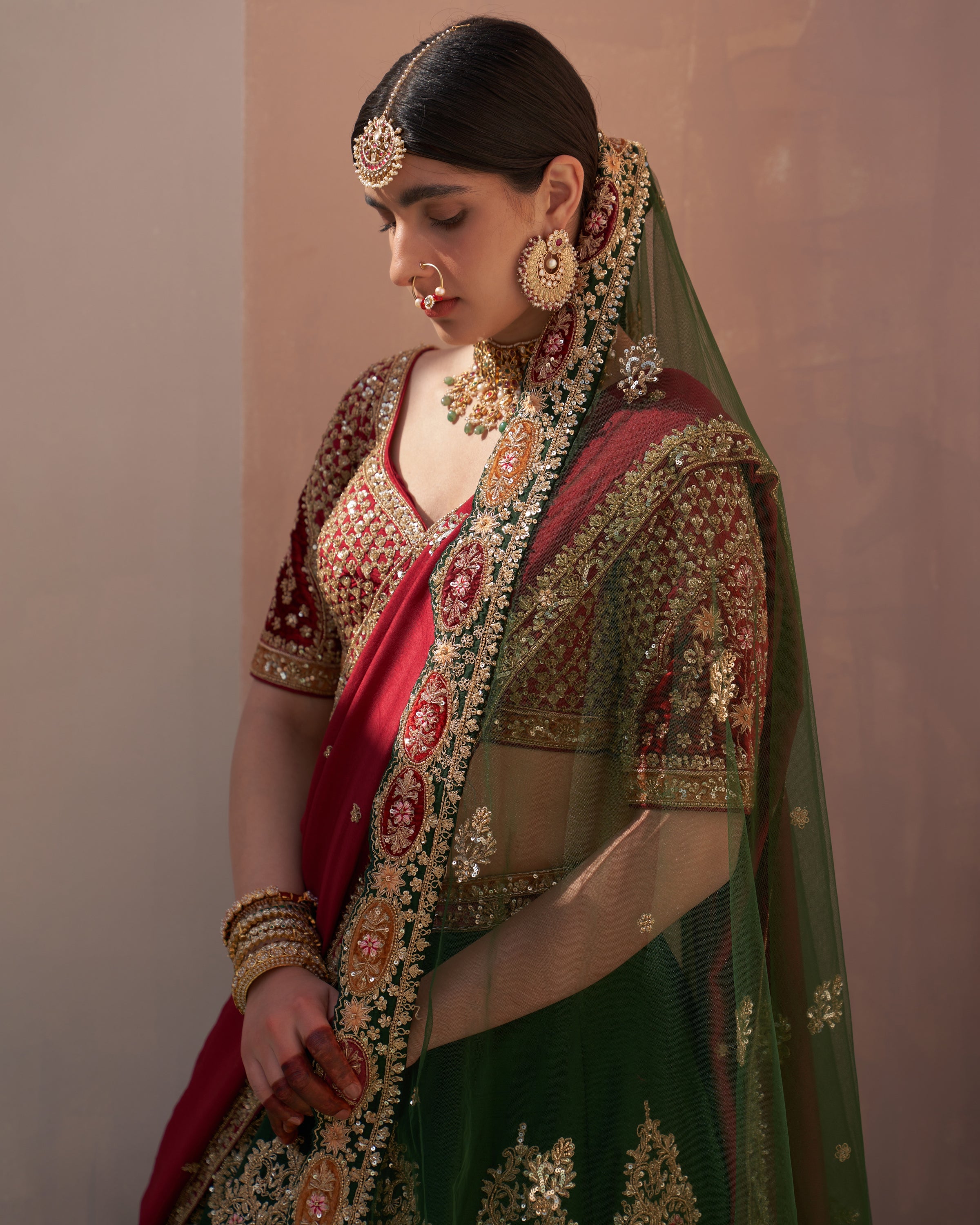 Charvi Bottle Green Double Dupatta Lehenga Set