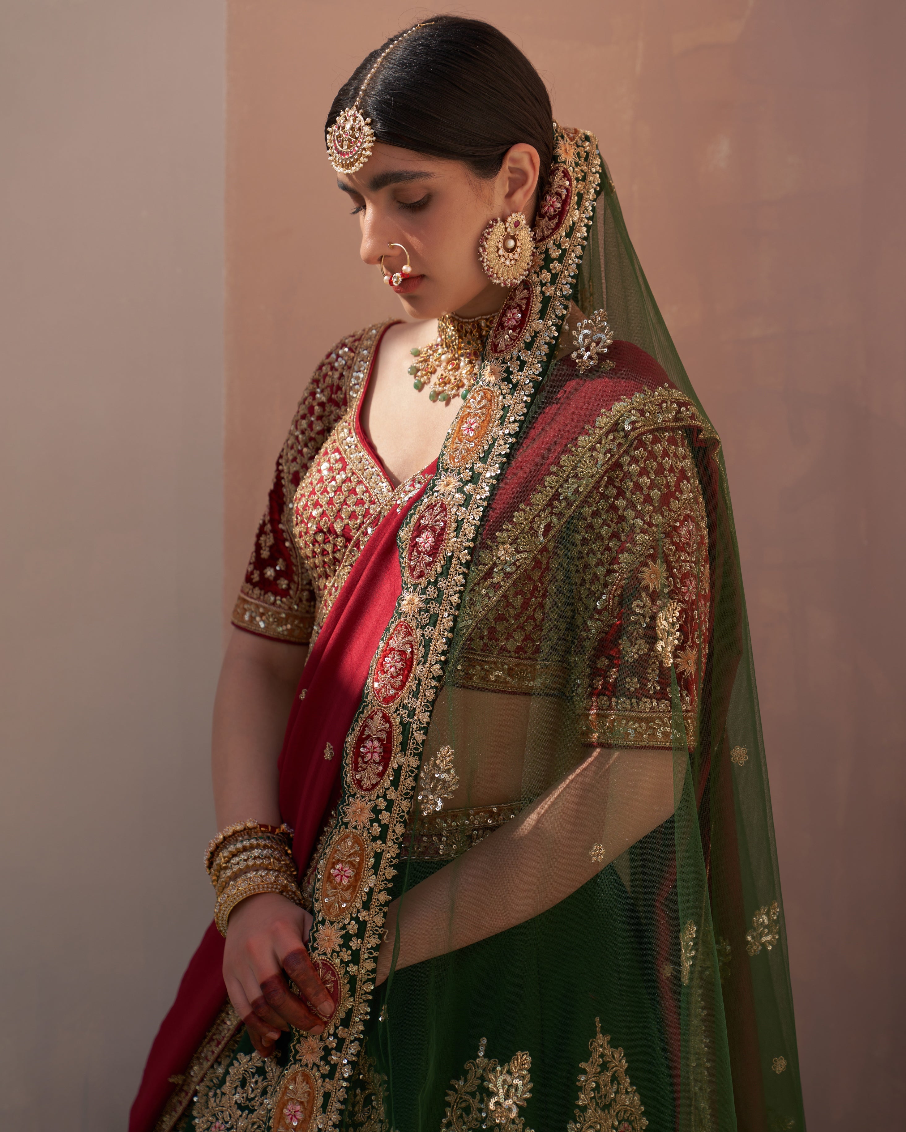 Charvi Bottle Green Double Dupatta Lehenga Set