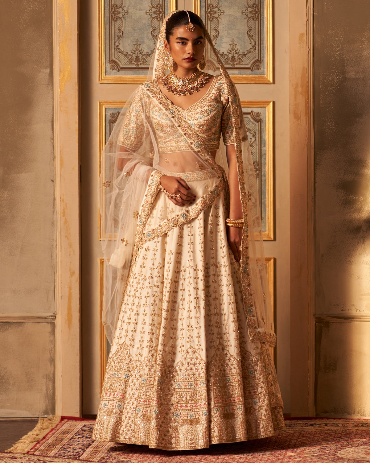 Ivory Raw Silk Double Dupatta Lehenga Set