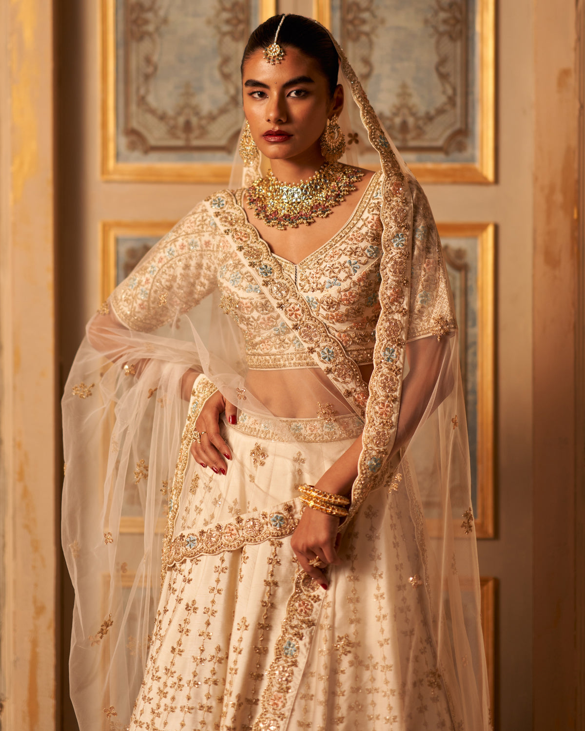 Ivory Raw Silk Double Dupatta Lehenga Set