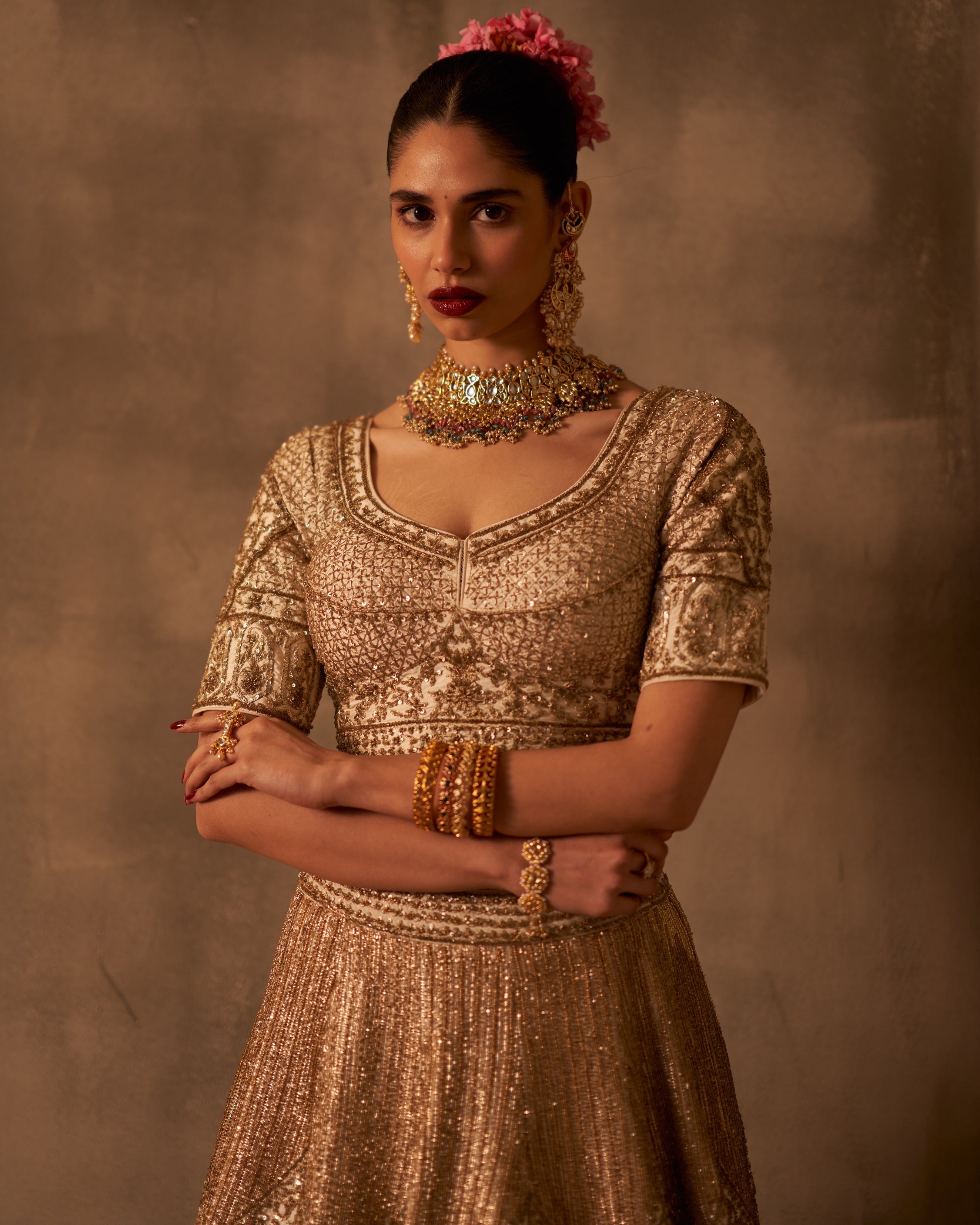 Ivory Raw Silk Double Dupatta Lehenga Set