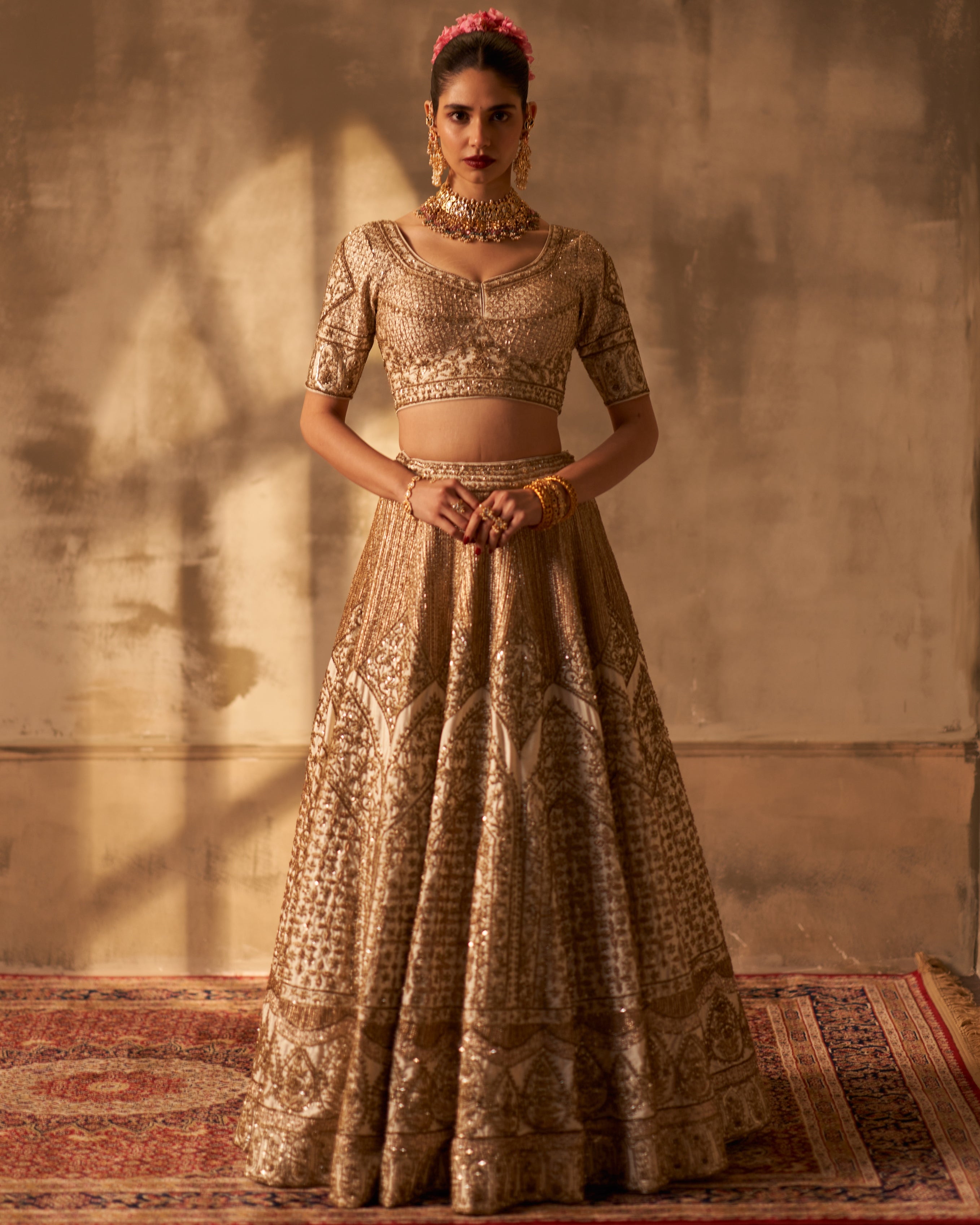 Ivory Raw Silk Double Dupatta Lehenga Set