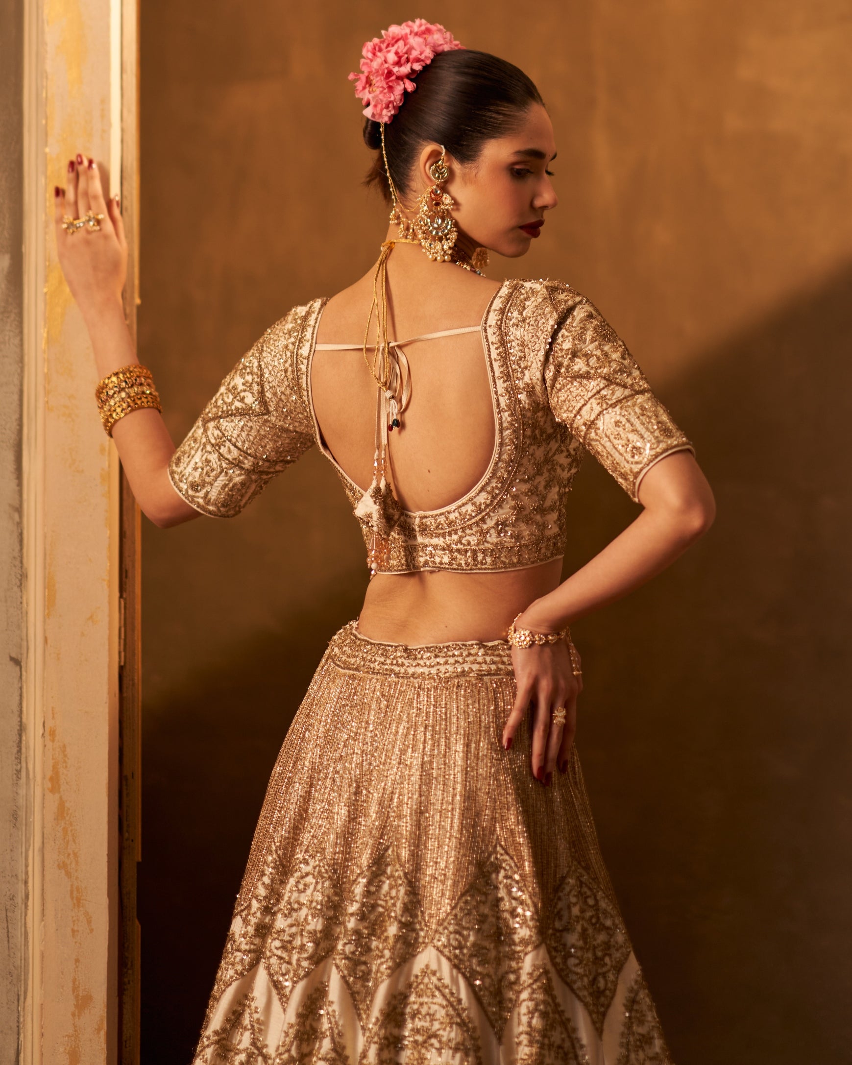 Ivory Raw Silk Double Dupatta Lehenga Set