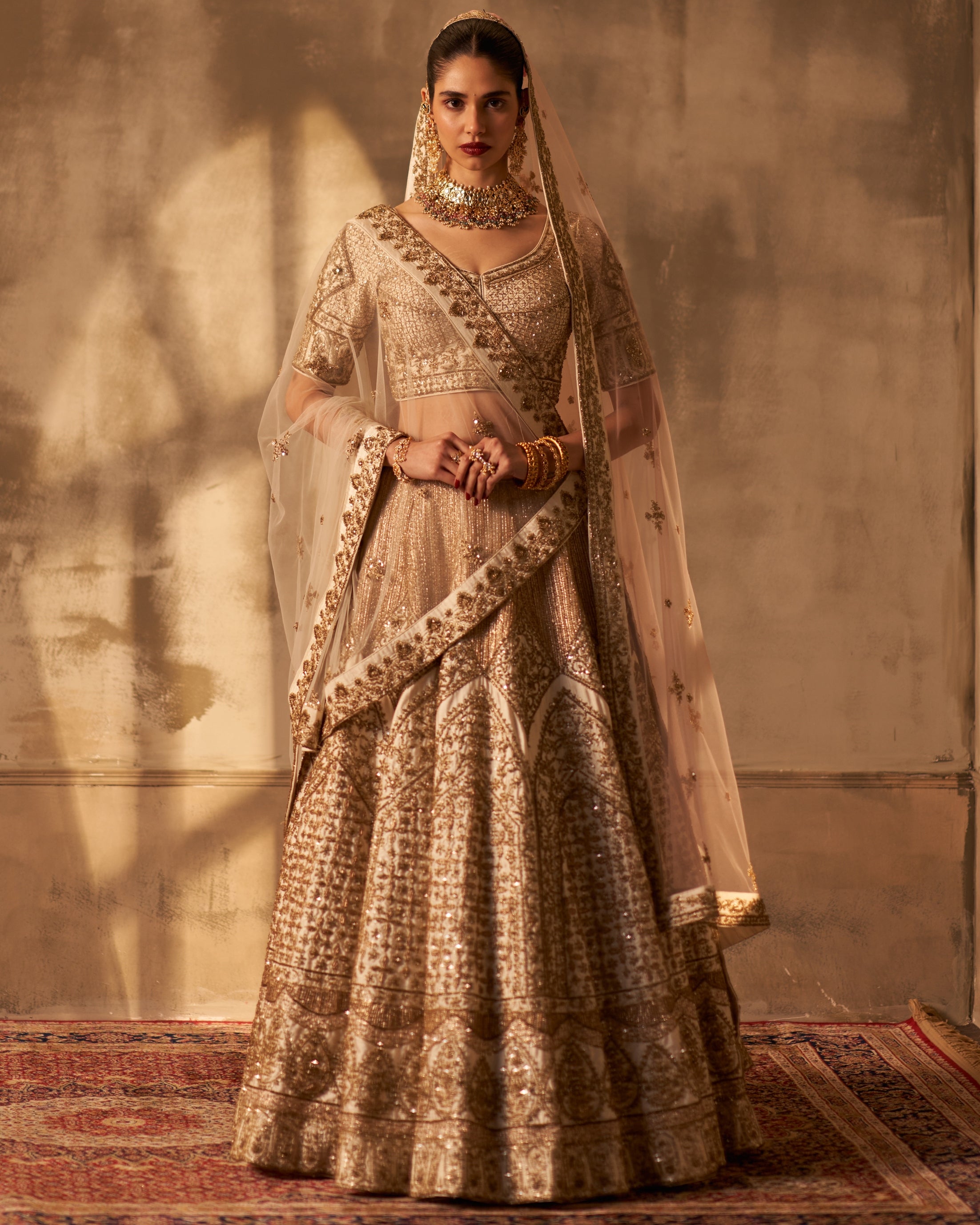 Ivory Raw Silk Double Dupatta Lehenga Set