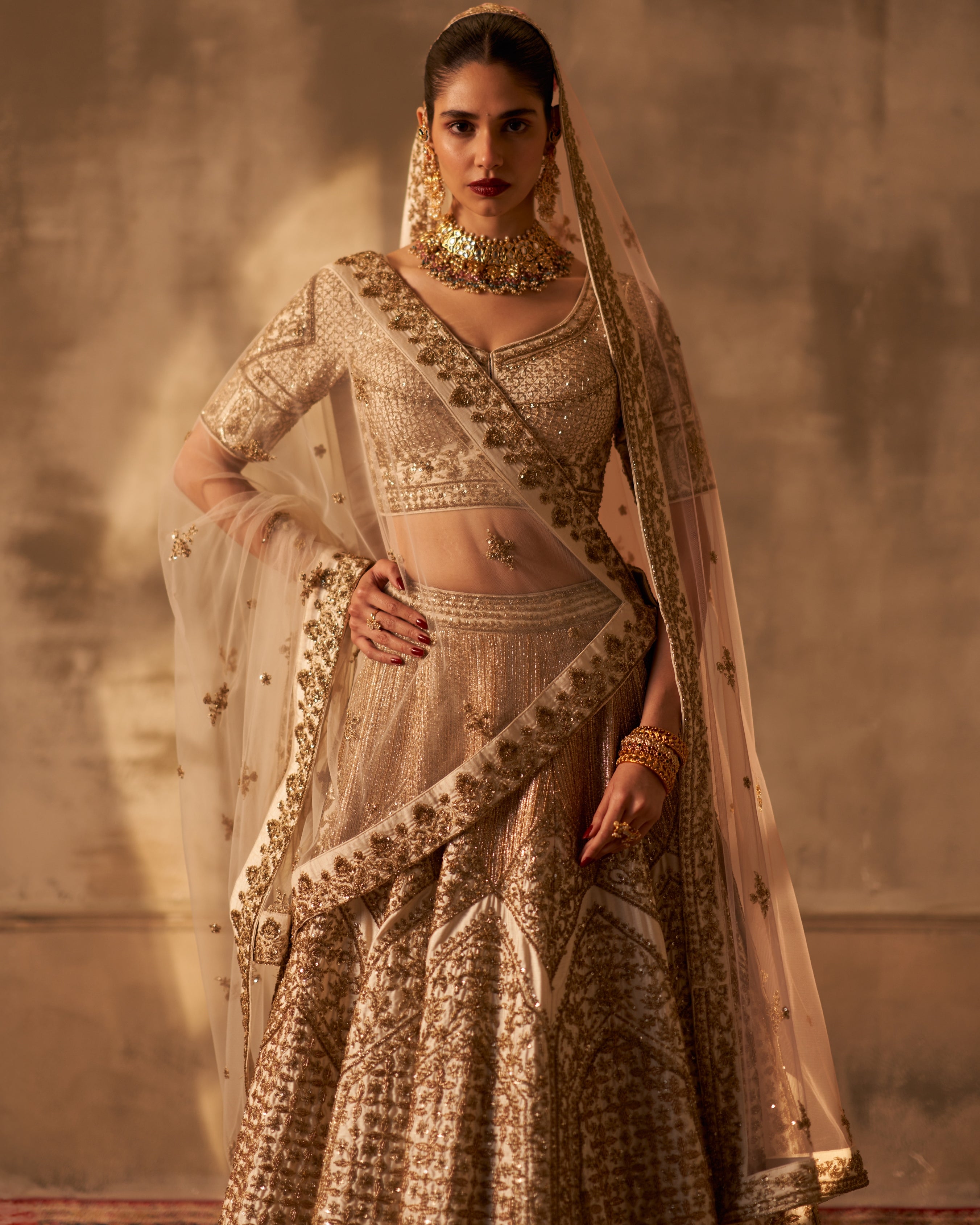 Ivory Raw Silk Double Dupatta Lehenga Set