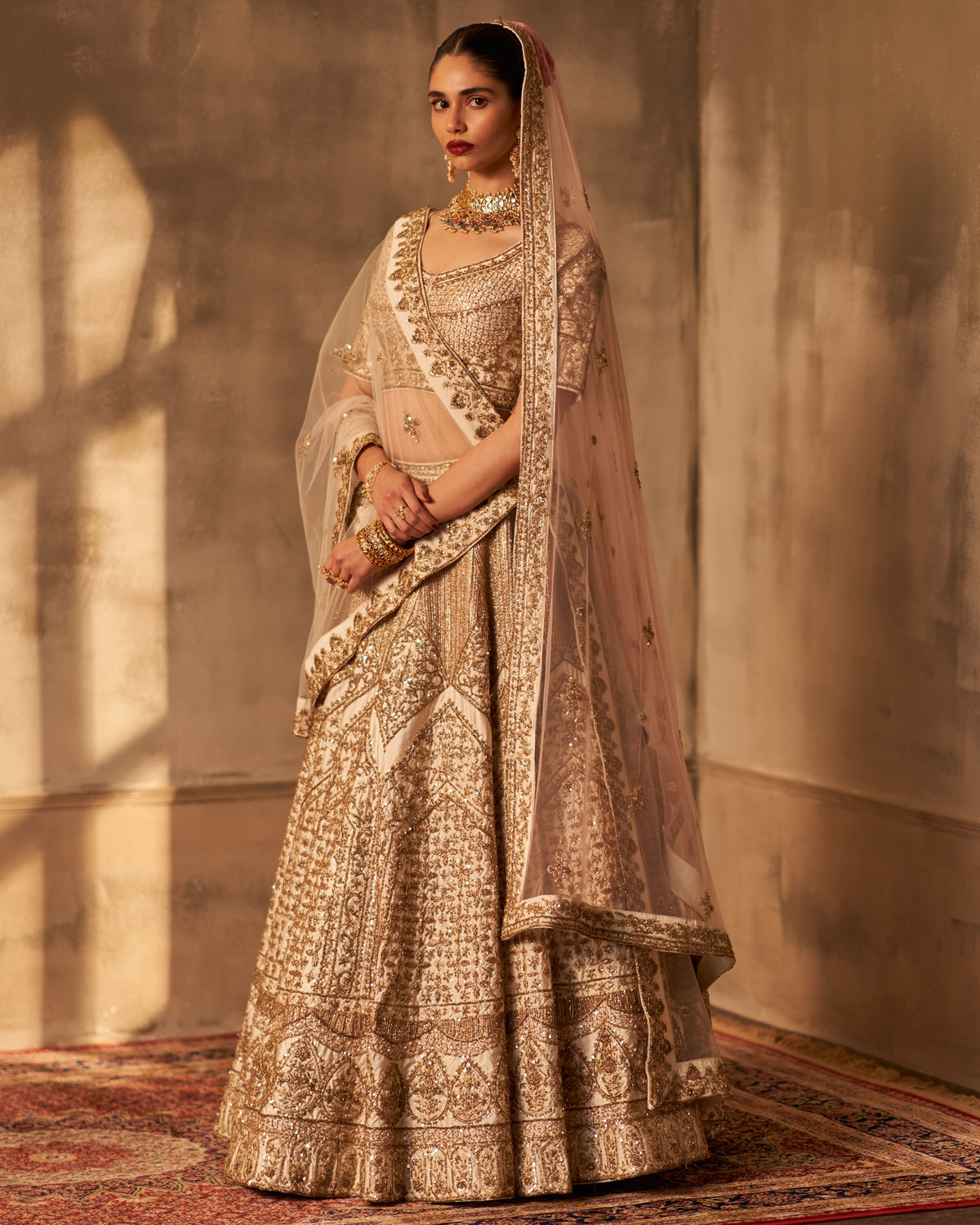 Ivory Raw Silk Double Dupatta Lehenga Set