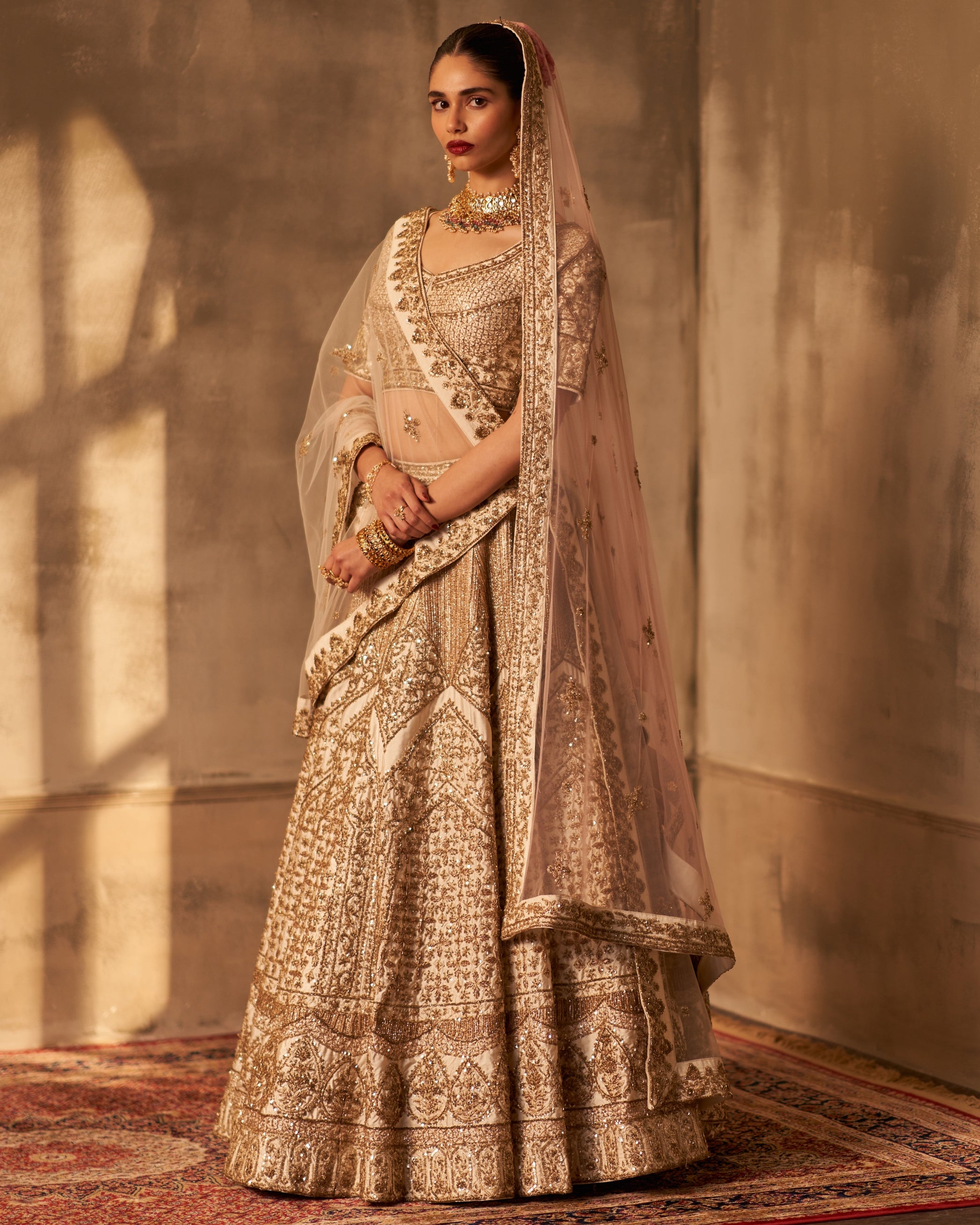 Ivory Raw Silk Double Dupatta Lehenga Set