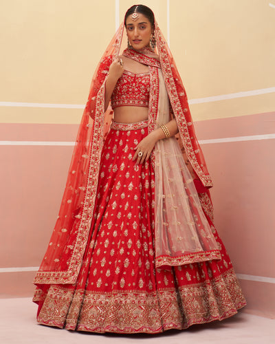 Ruby Red Raw Silk Lehenga Set