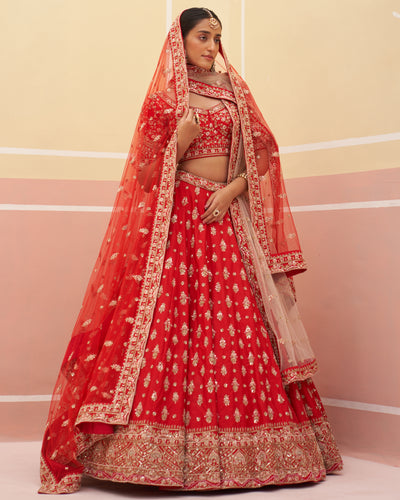 Ruby Red Raw Silk Lehenga Set