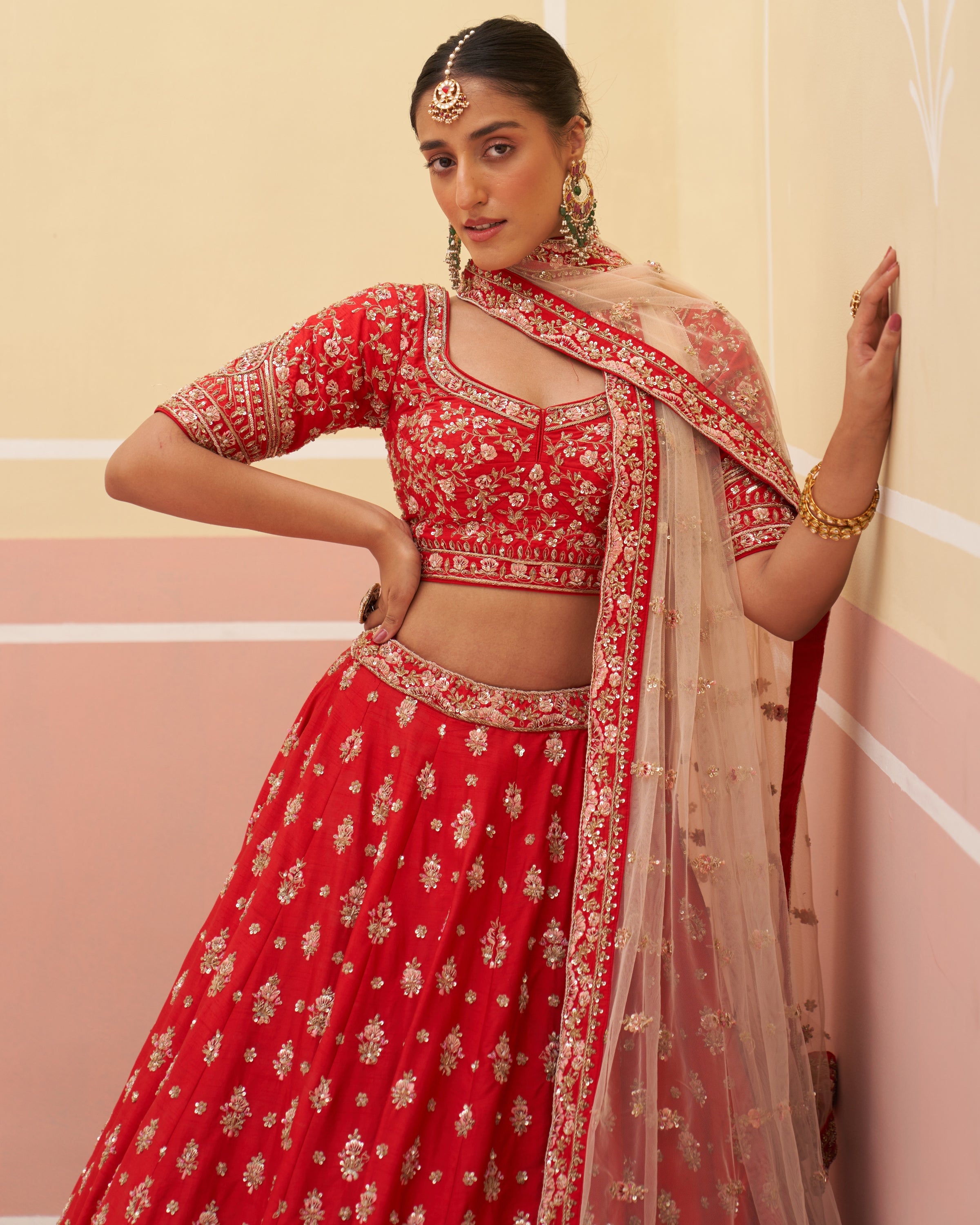 Ruby Red Raw Silk Lehenga Set
