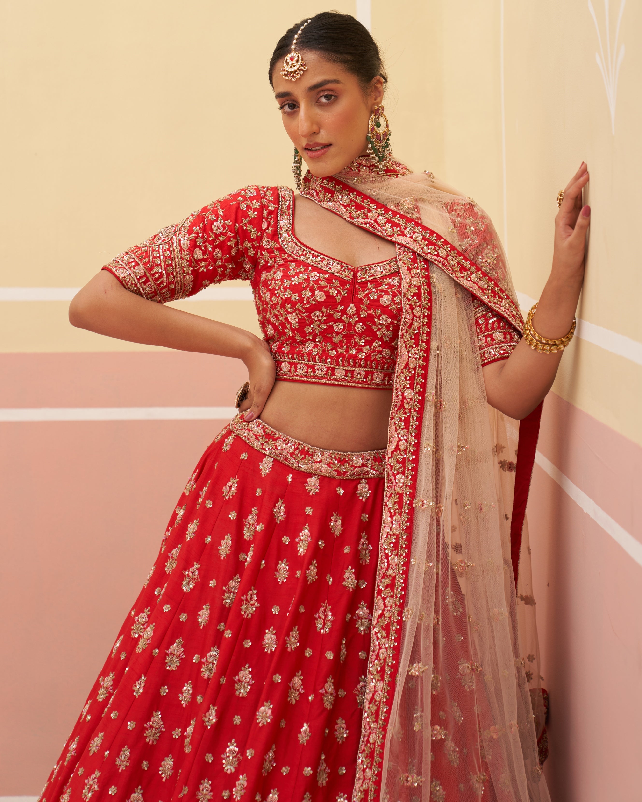 Ruby Red Raw Silk Lehenga Set