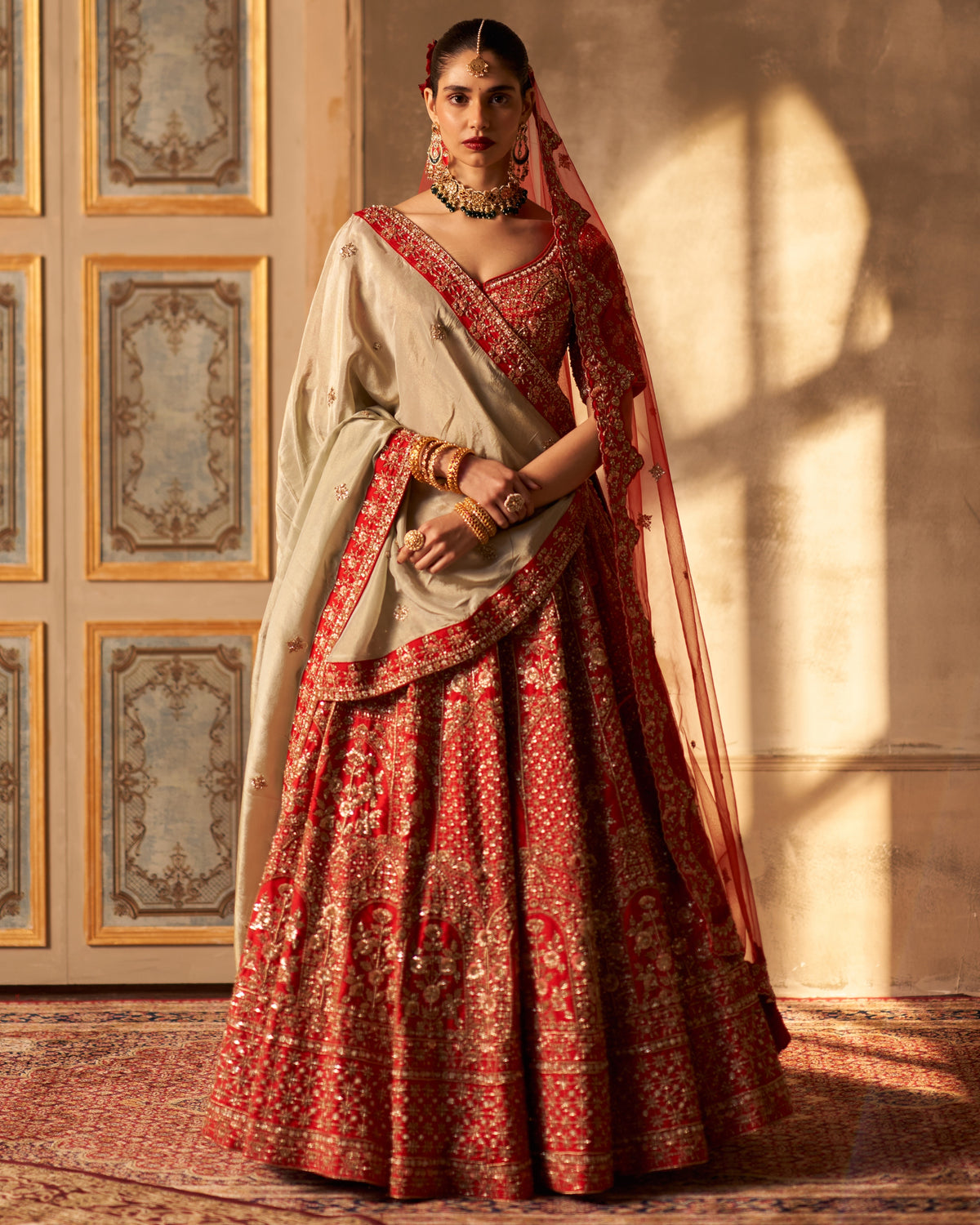 Red Raw Silk Double Dupatta Lehenga Set