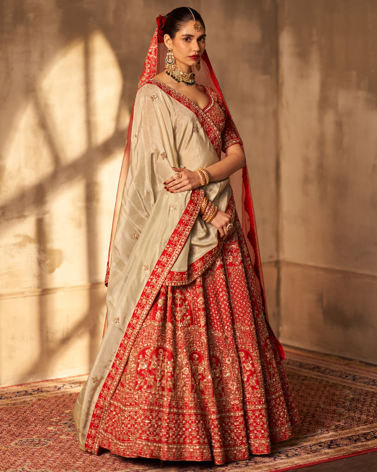 Red Raw Silk Double Dupatta Lehenga Set