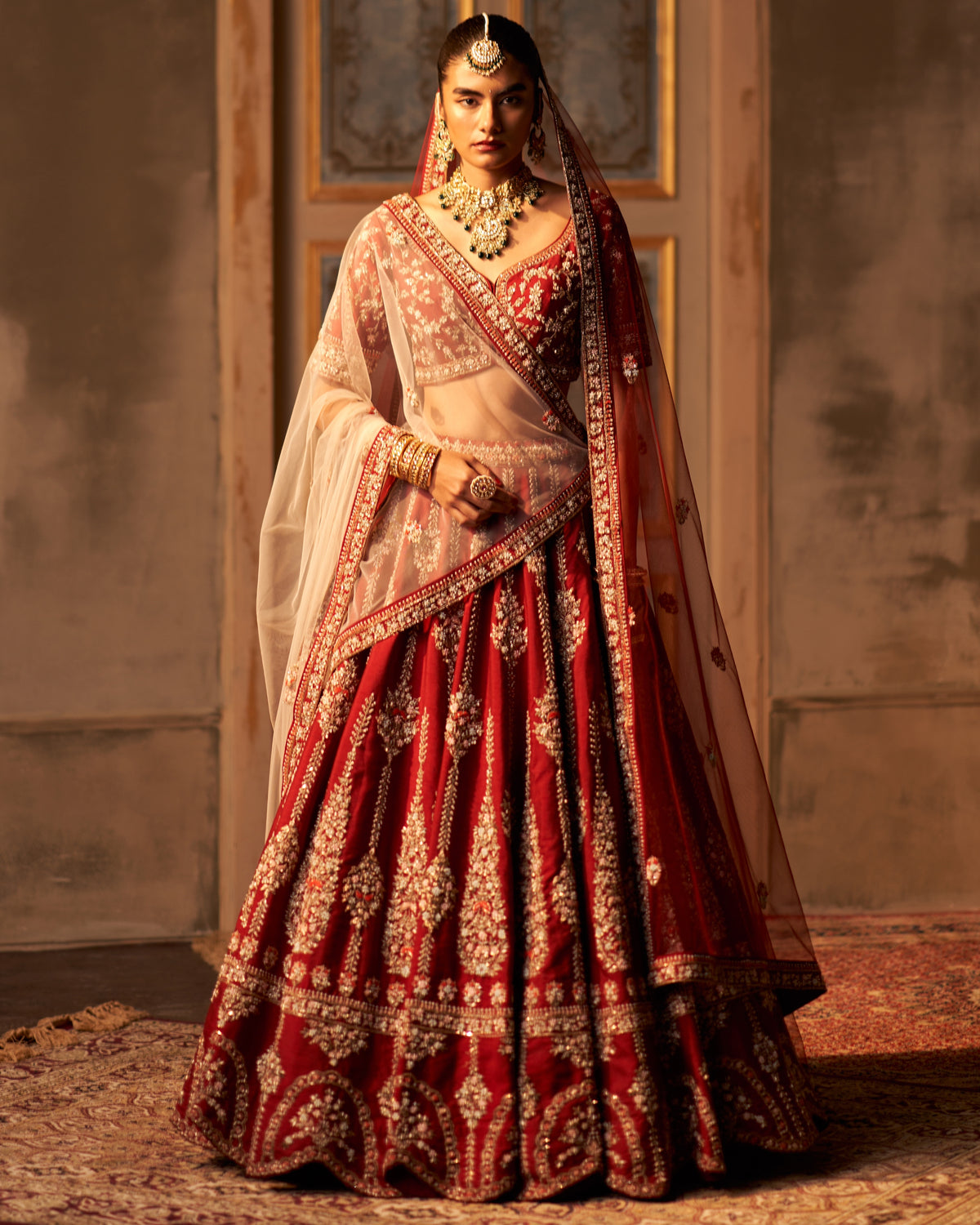 Maroon Raw Silk Double Dupatta Lehenga Set
