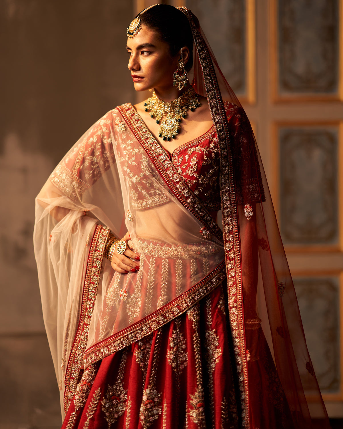 Maroon Raw Silk Double Dupatta Lehenga Set