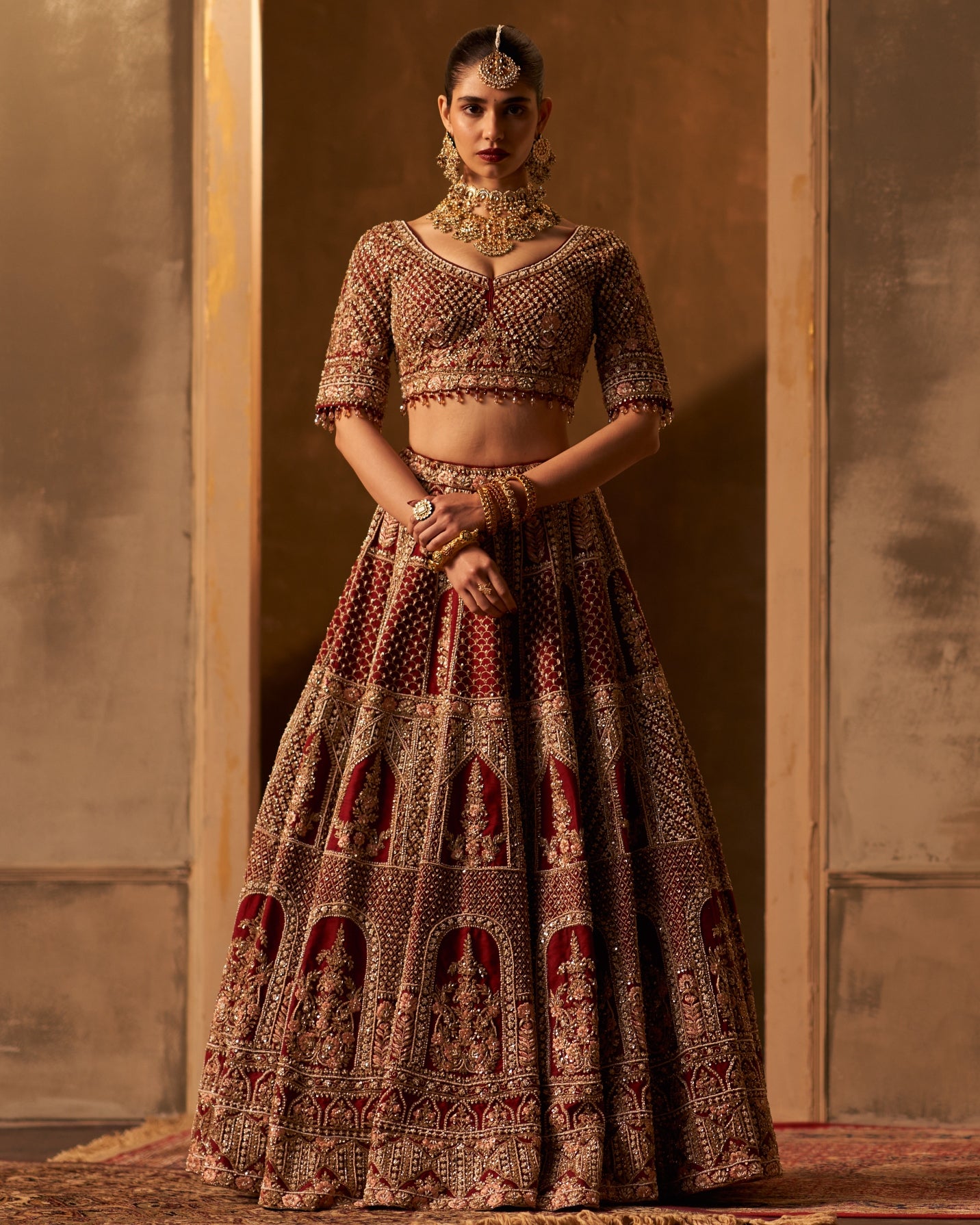 Zehra Maroon Bridal Raw Silk Double Dupatta Lehenga Set