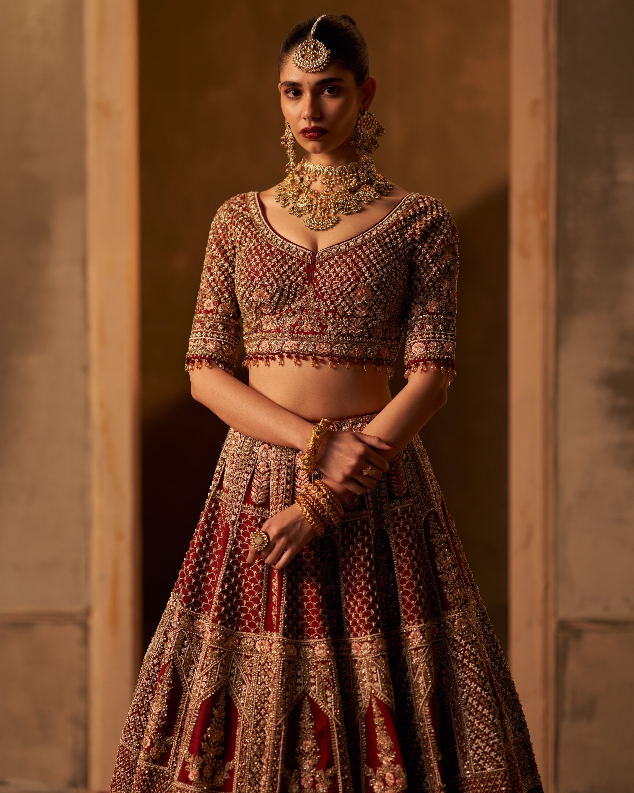 Zehra Maroon Bridal Raw Silk Double Dupatta Lehenga Set