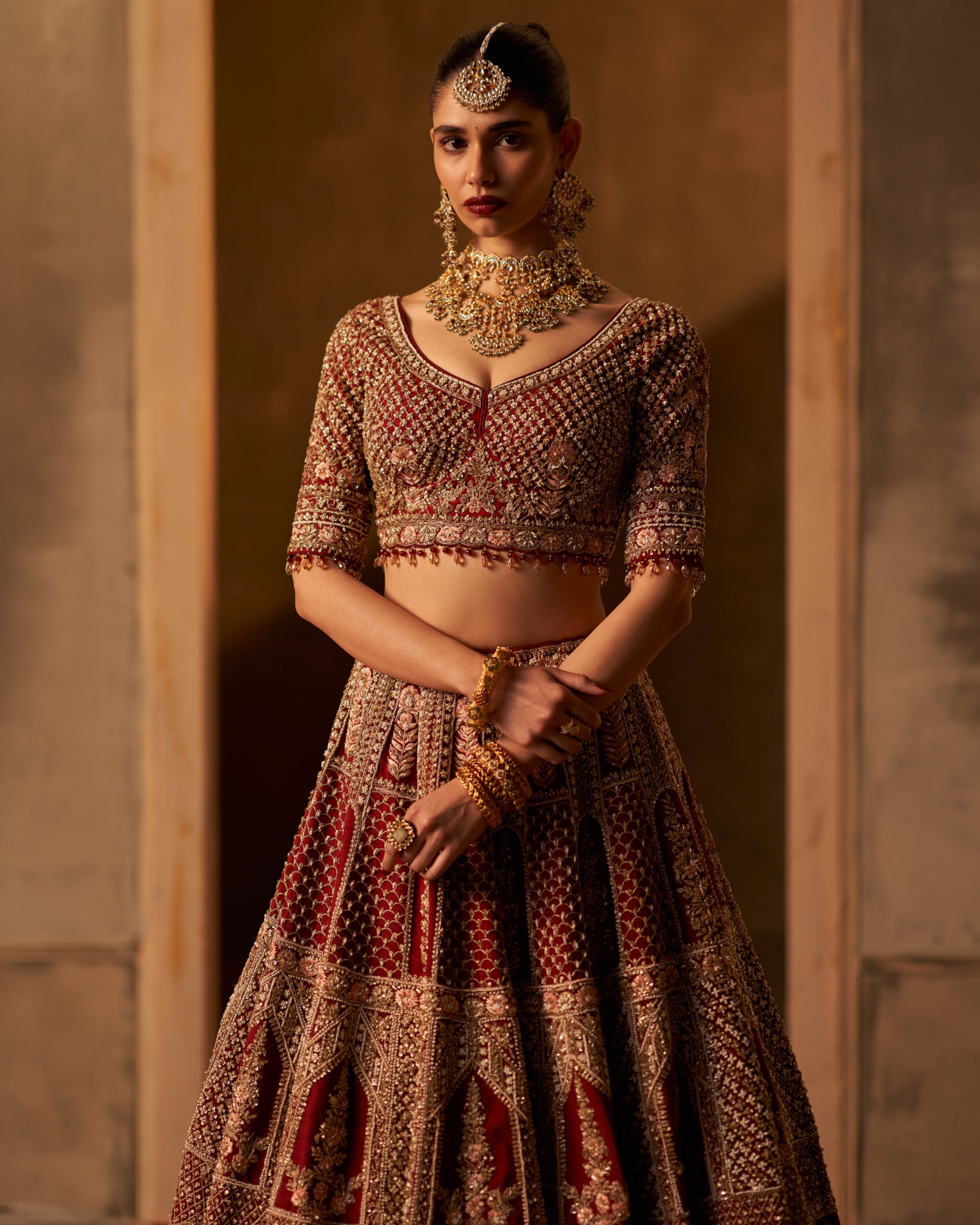 Zehra Maroon Bridal Raw Silk Double Dupatta Lehenga Set