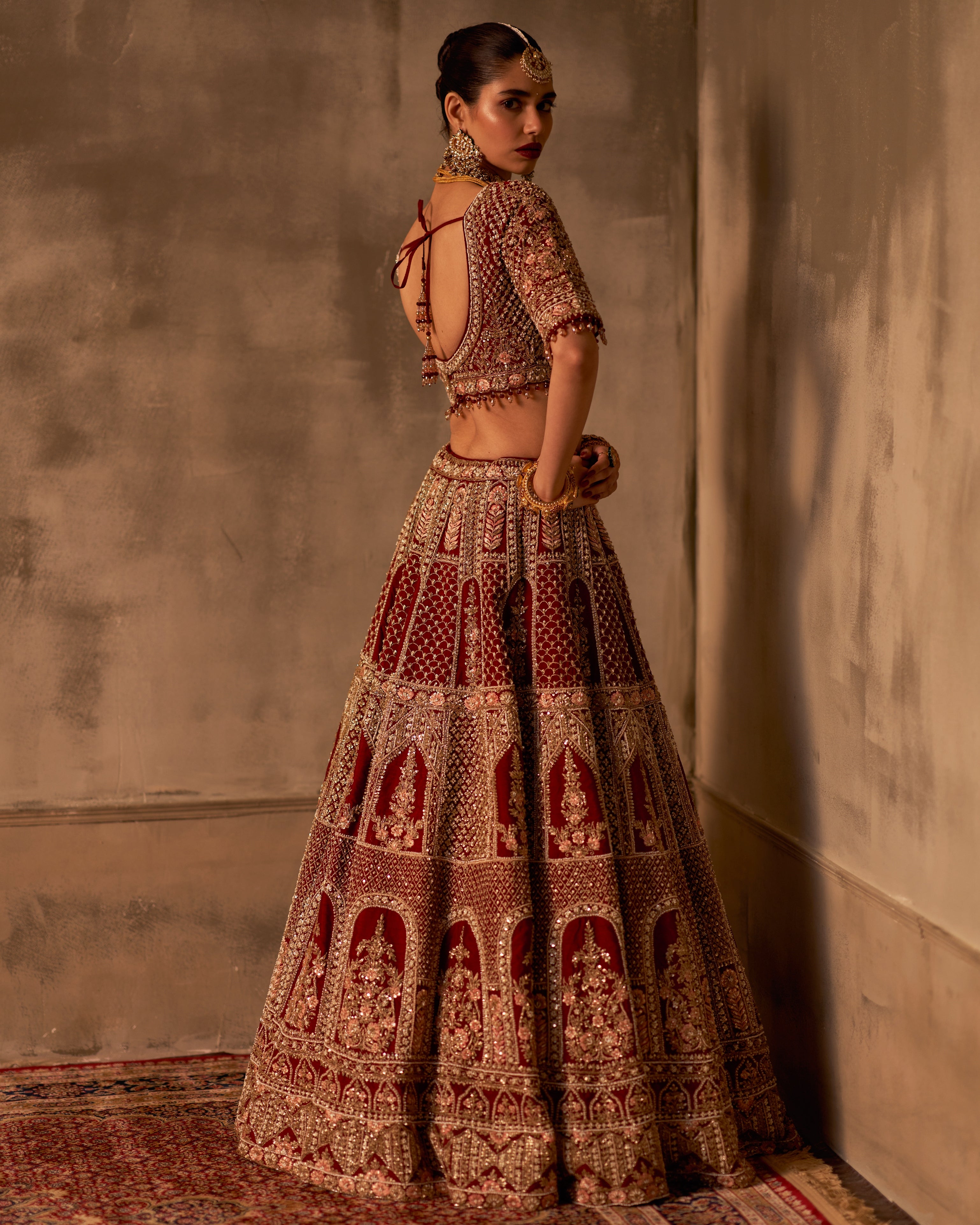 Zehra Maroon Bridal Raw Silk Double Dupatta Lehenga Set