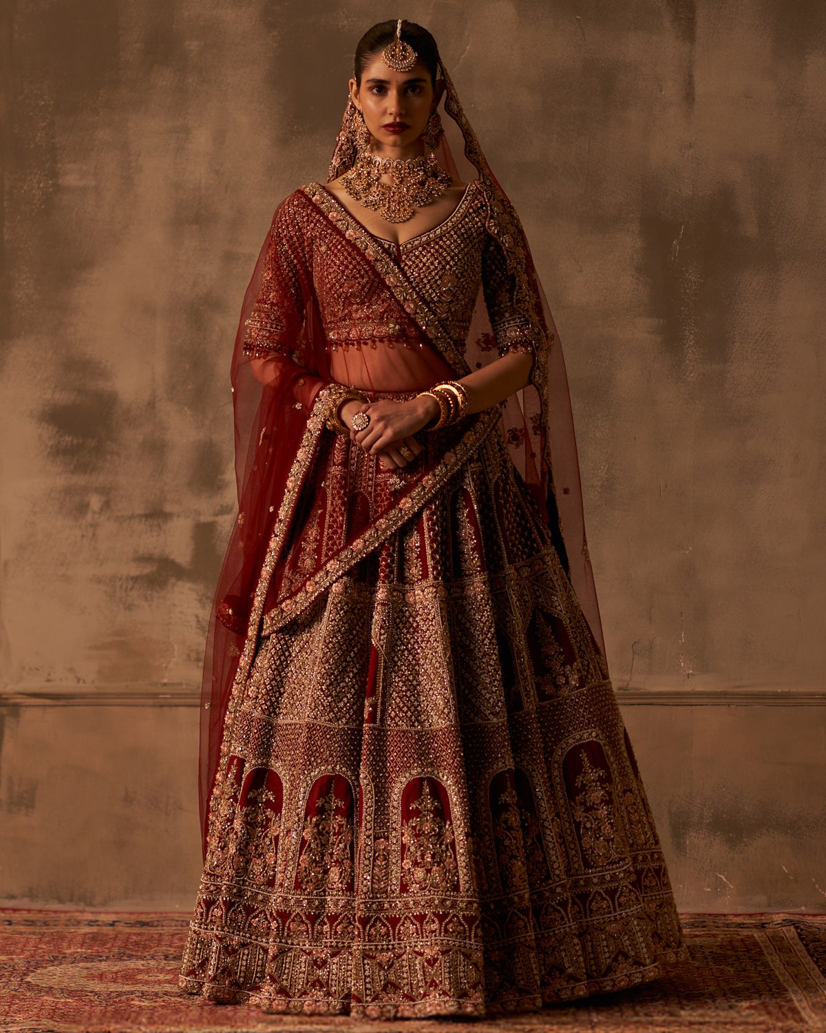 Maroon Raw Silk Double Dupatta Lehenga Set