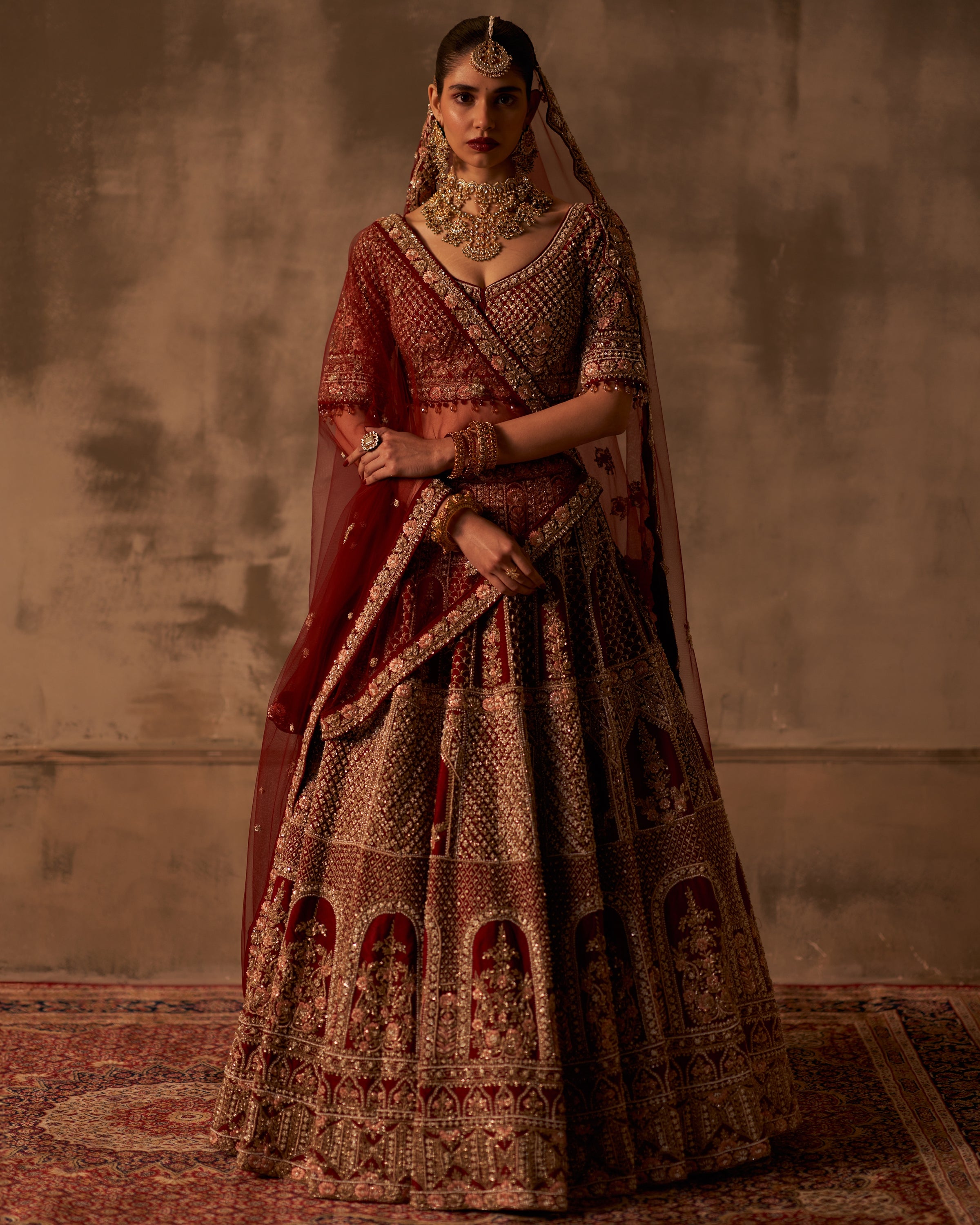 Zehra Maroon Bridal Raw Silk Double Dupatta Lehenga Set