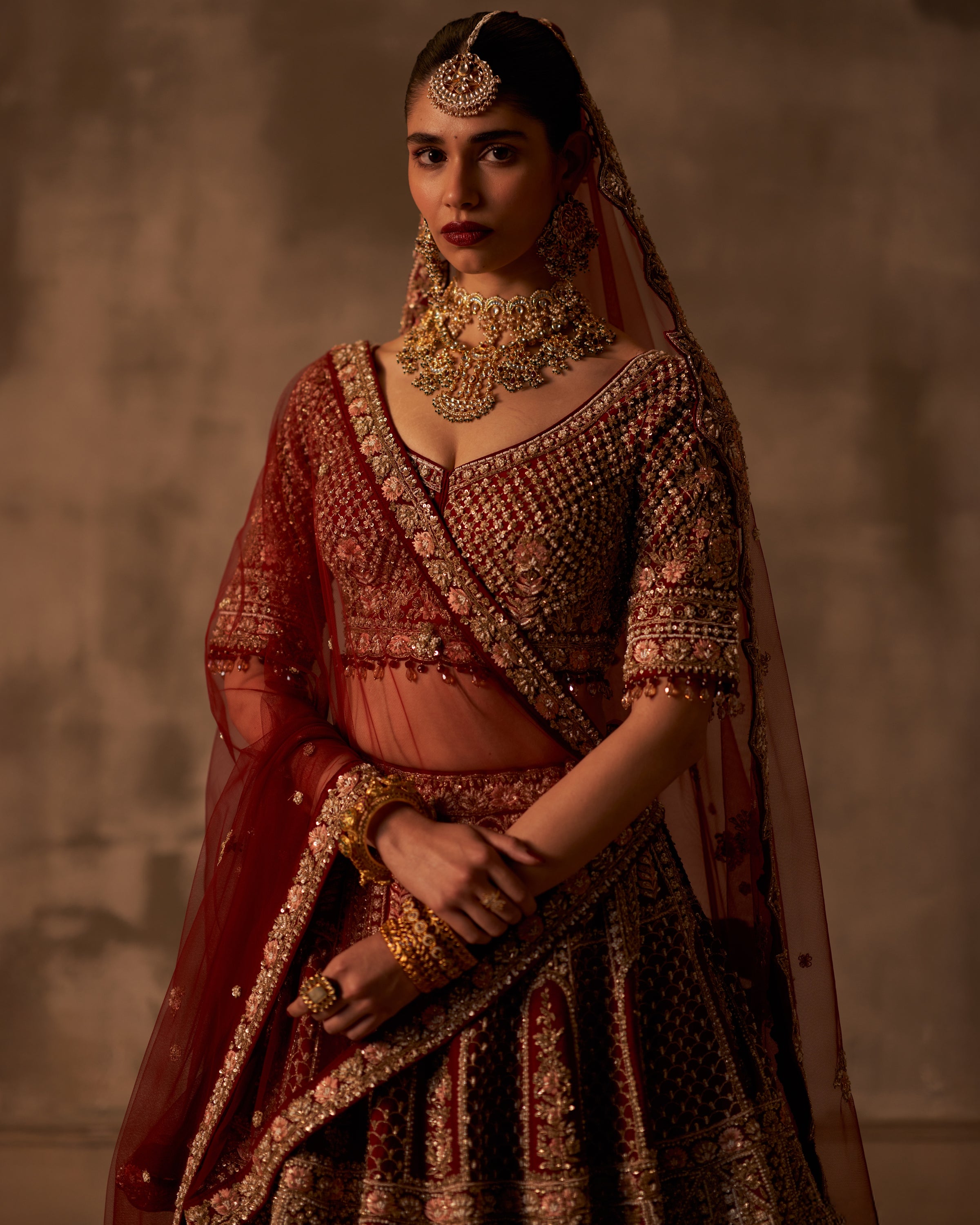 Zehra Maroon Bridal Raw Silk Double Dupatta Lehenga Set