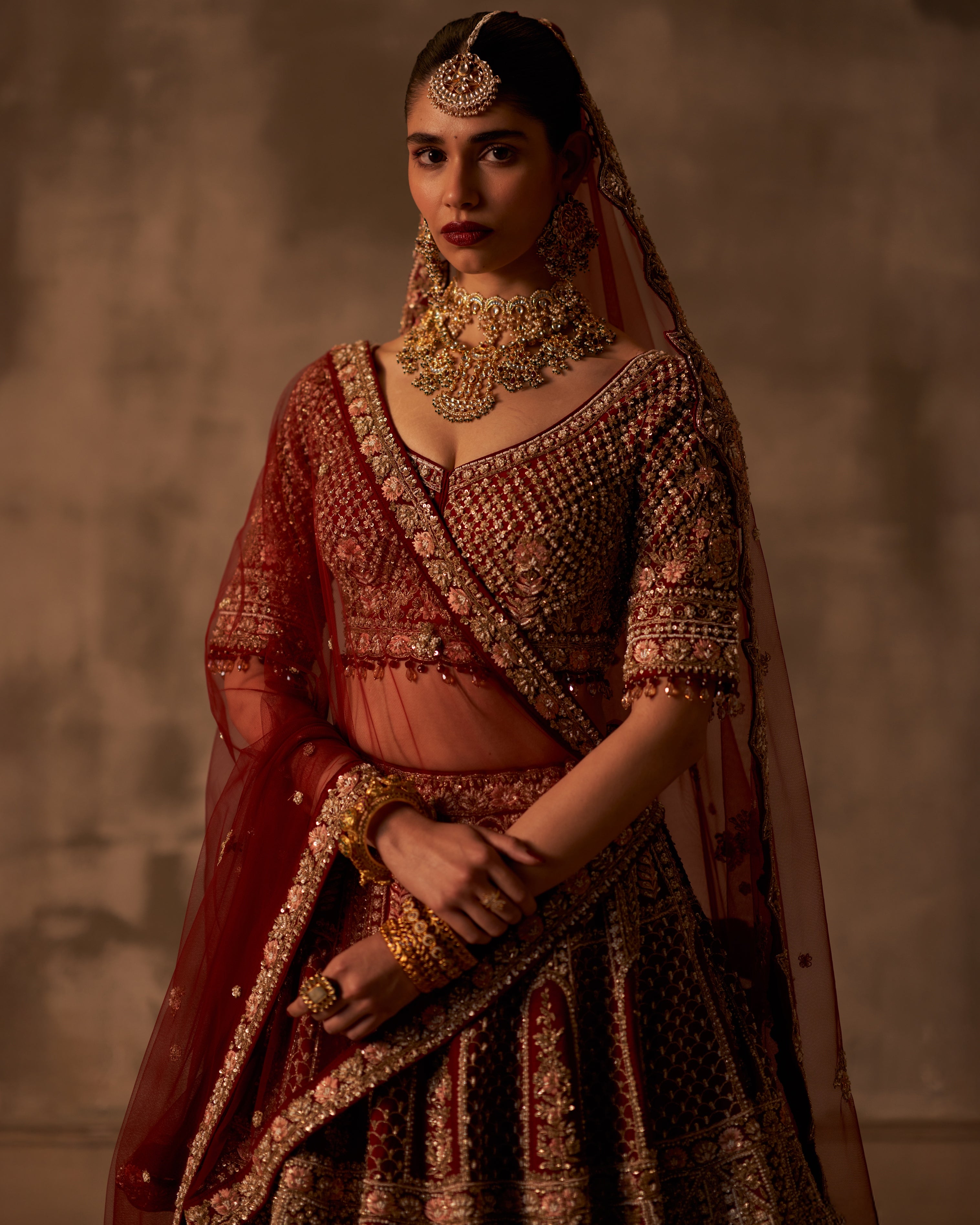 Zehra Maroon Bridal Raw Silk Double Dupatta Lehenga Set