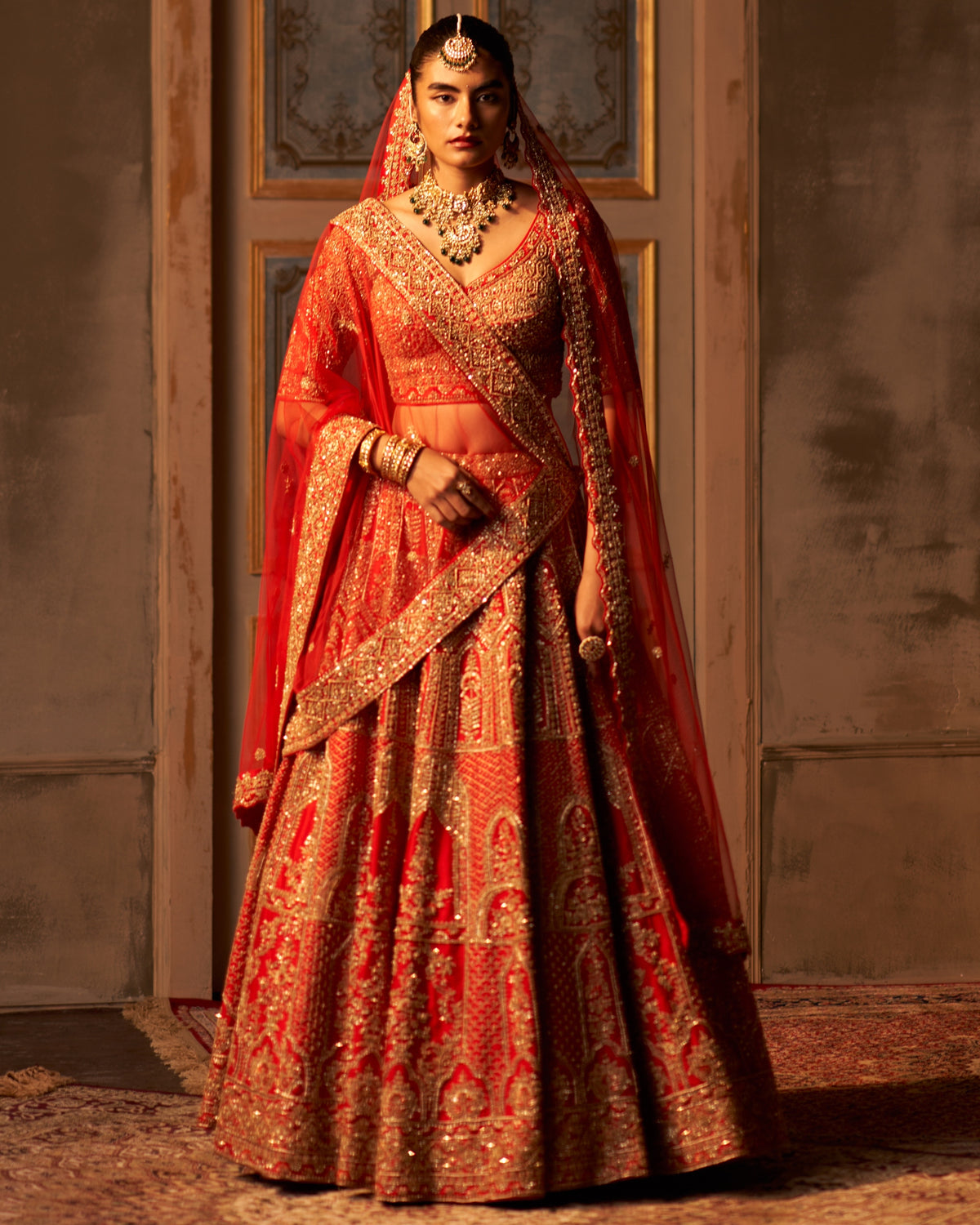 Red Raw Silk Double Dupatta Lehenga Set