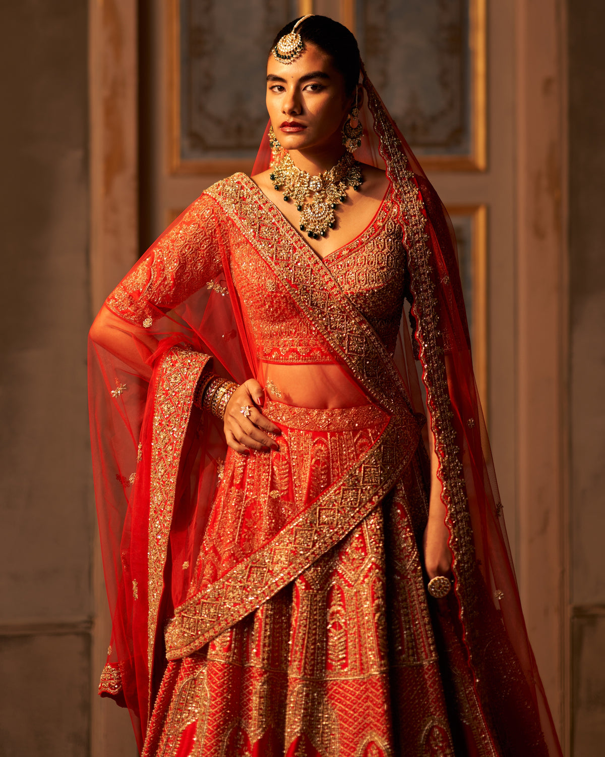 Red Raw Silk Double Dupatta Lehenga Set