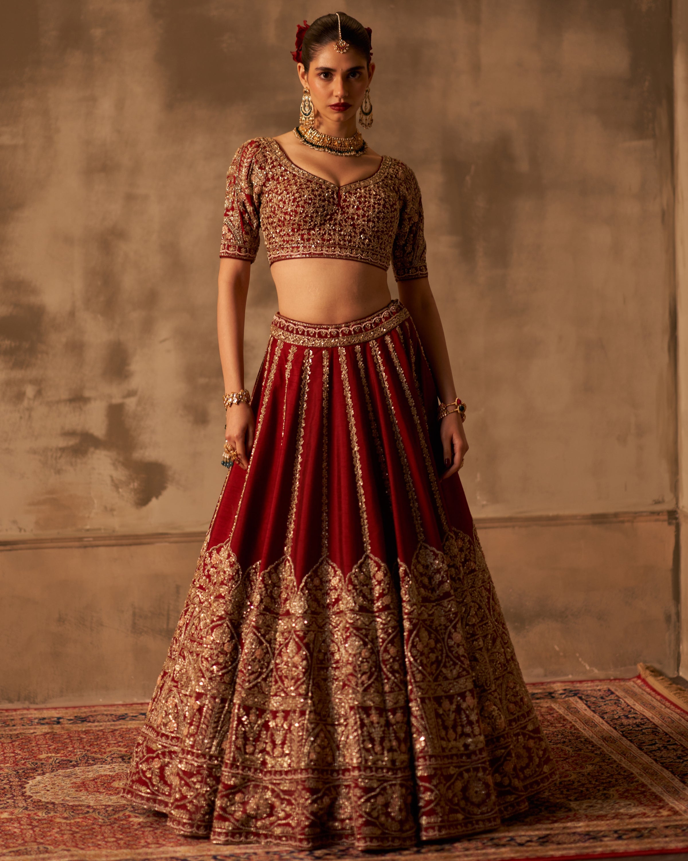 Maroon Raw Silk Double Dupatta Lehenga Set