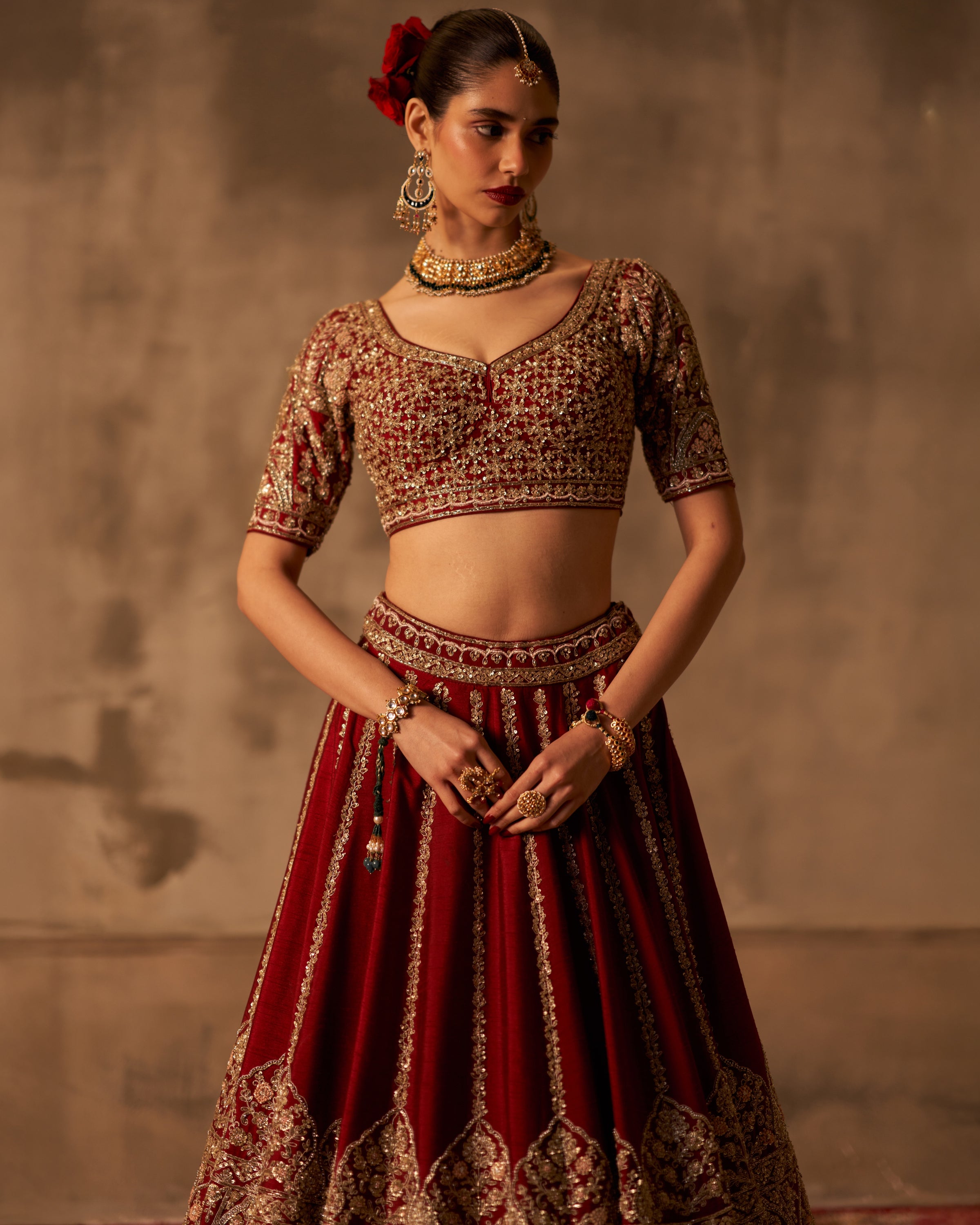 Maroon Raw Silk Double Dupatta Lehenga Set