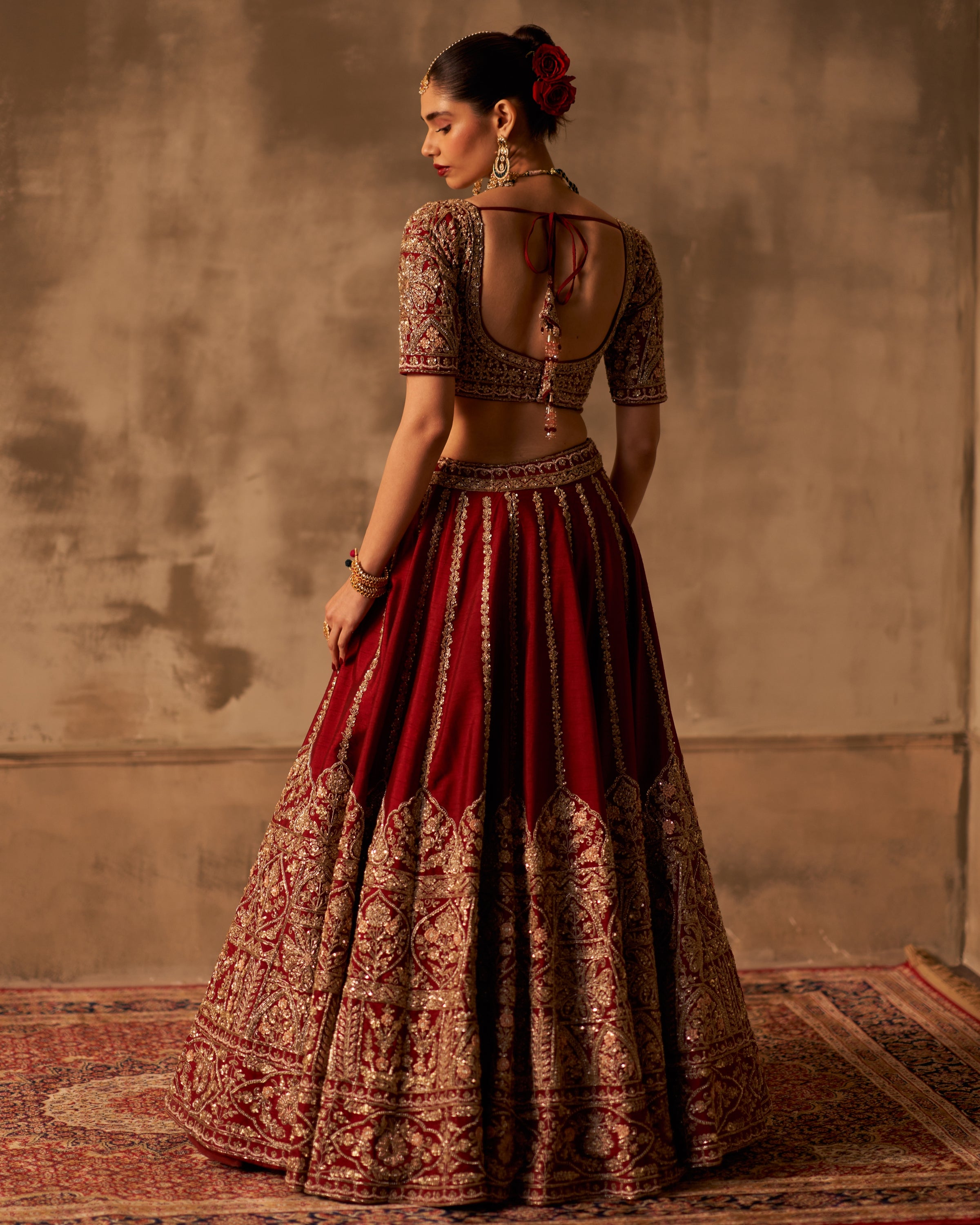 Maroon Raw Silk Double Dupatta Lehenga Set