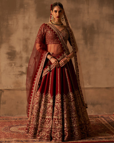Maroon Raw Silk Double Dupatta Lehenga Set