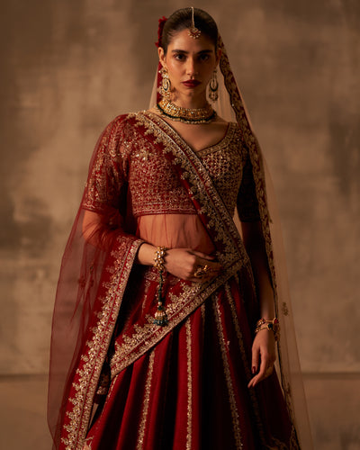Maroon Raw Silk Double Dupatta Lehenga Set