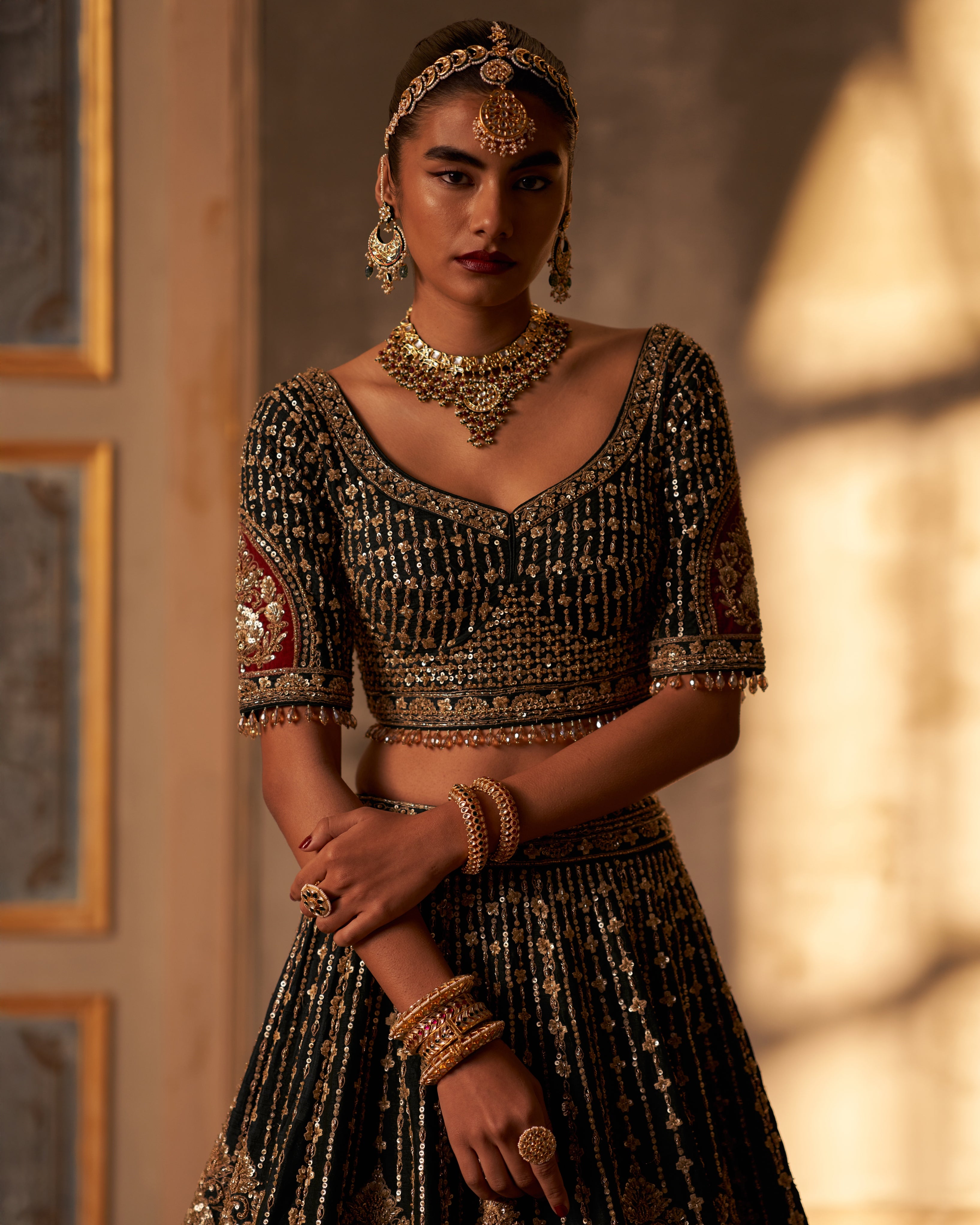 Green Raw Silk Double Dupatta Lehenga Set