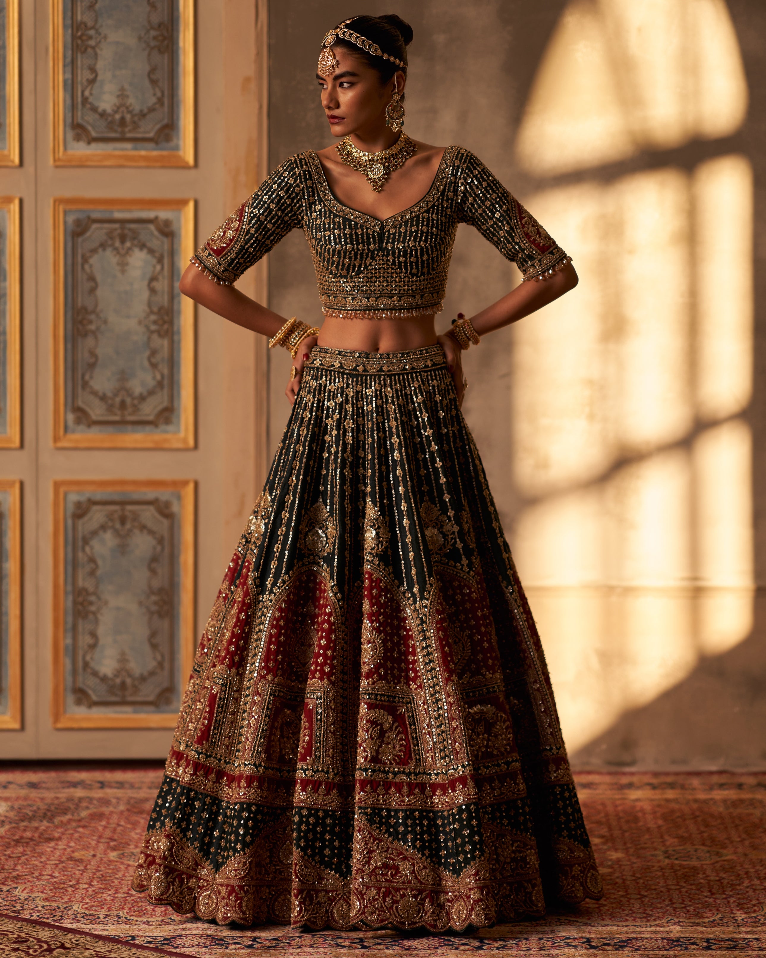 Green Raw Silk Double Dupatta Lehenga Set