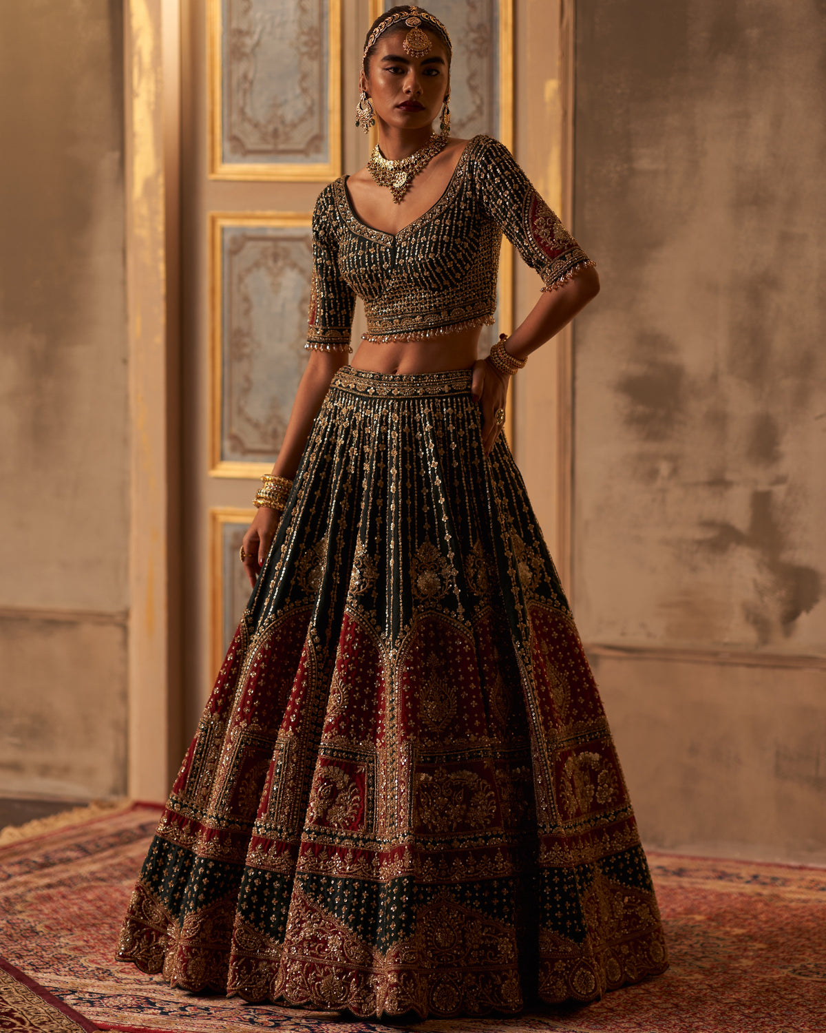 Green Raw Silk Double Dupatta Lehenga Set