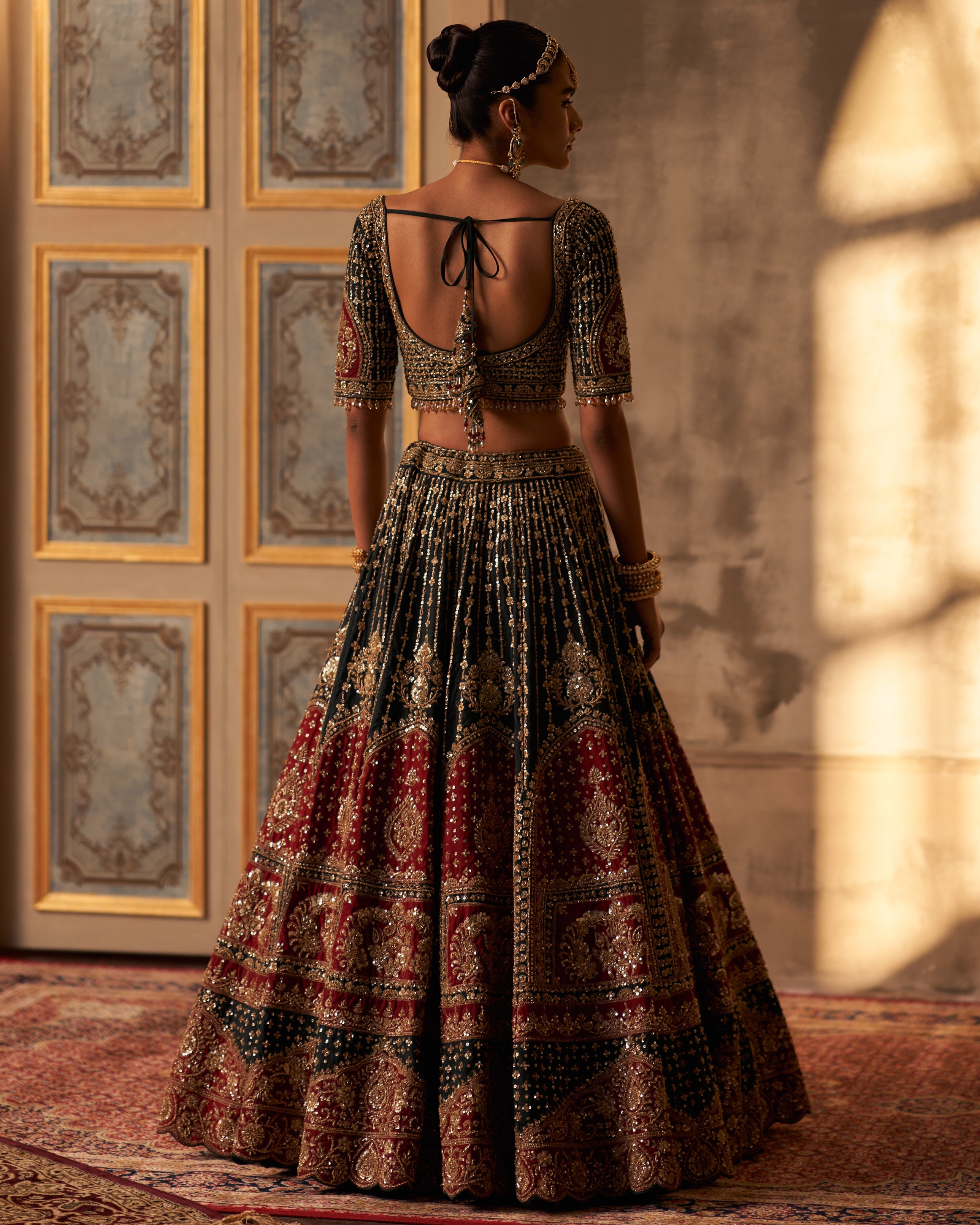 Green Raw Silk Double Dupatta Lehenga Set