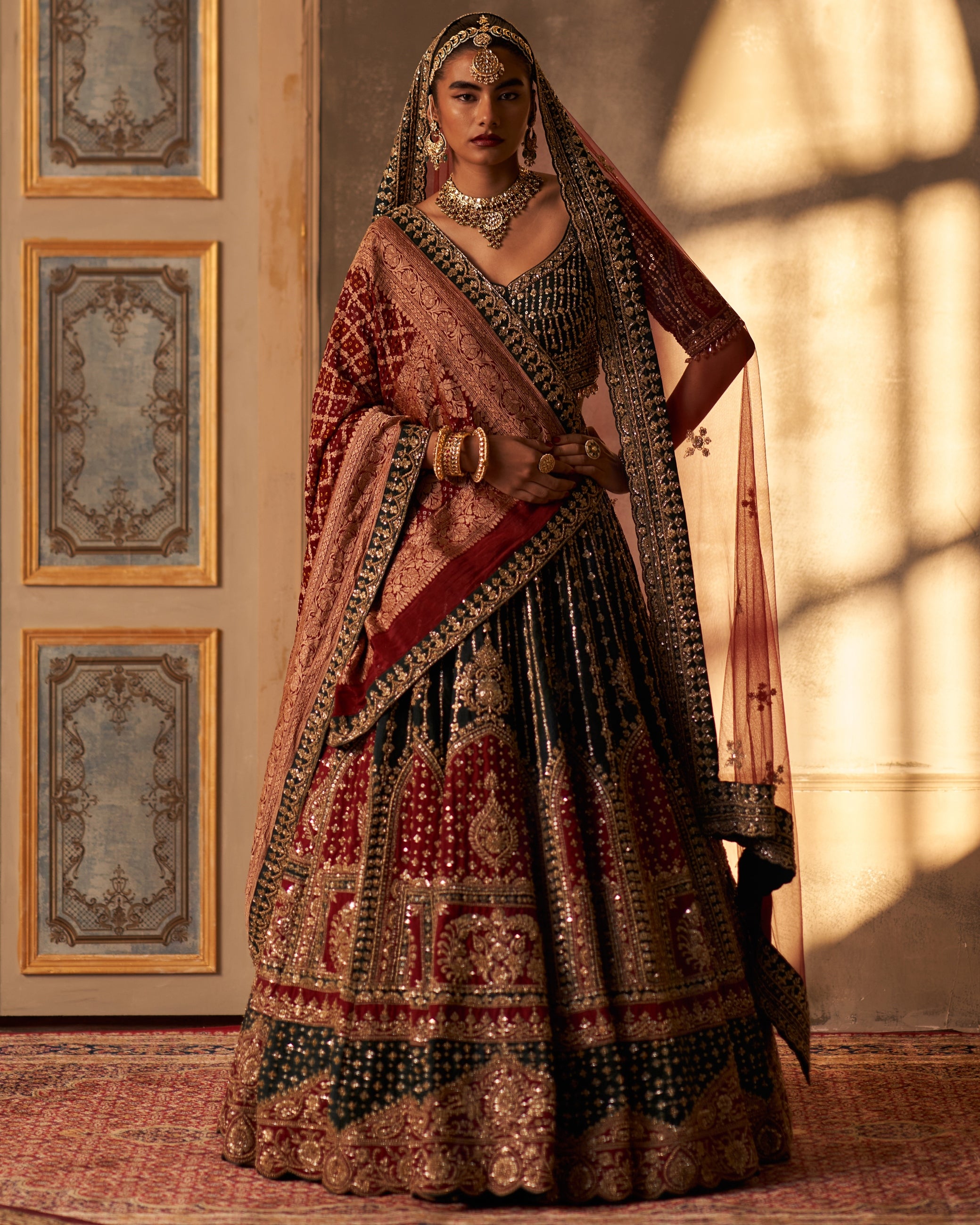 Green Raw Silk Double Dupatta Lehenga Set