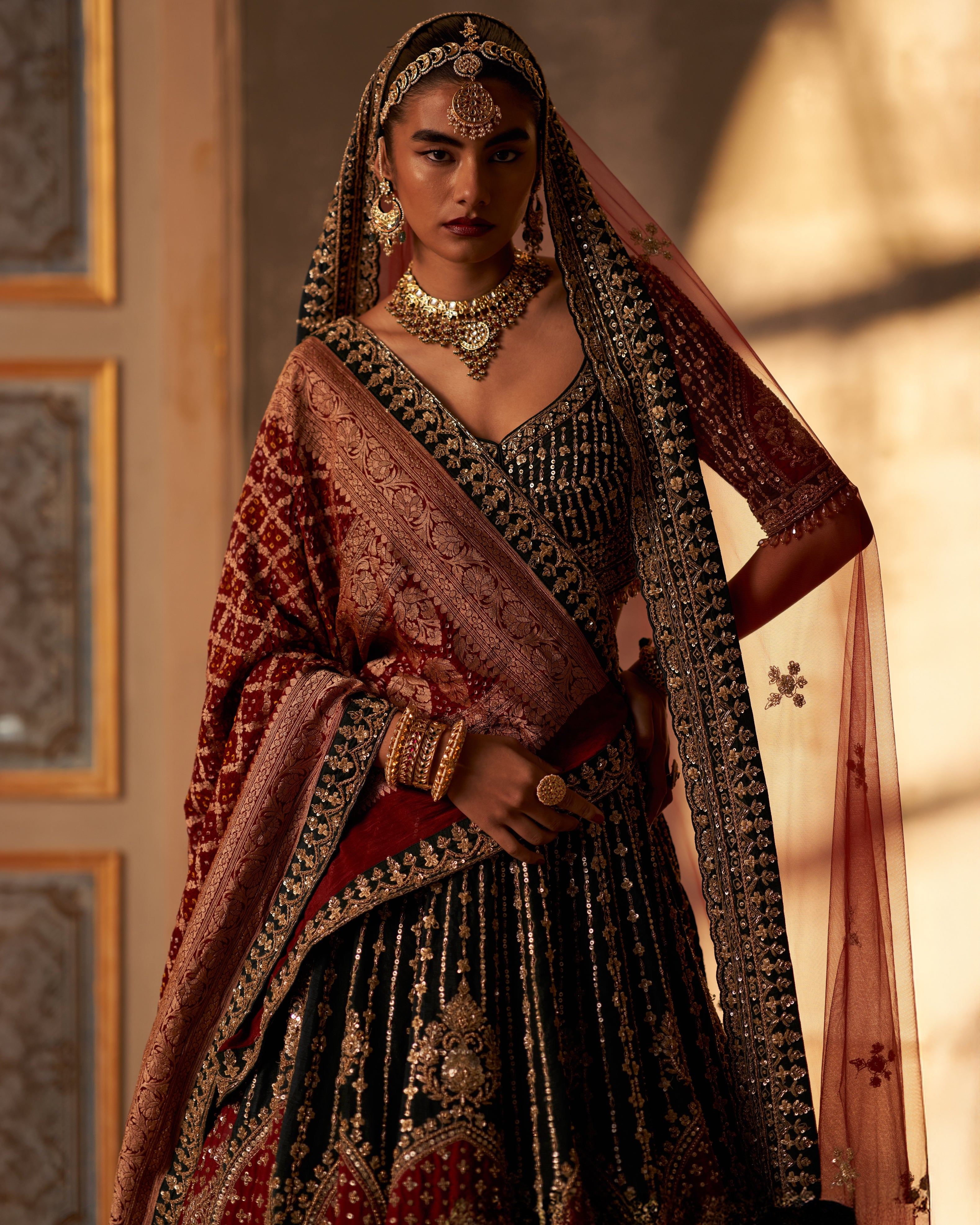 Green Raw Silk Double Dupatta Lehenga Set